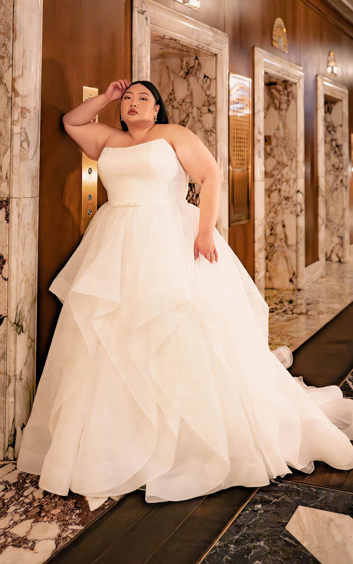 7729 Modern Strapless Satin Ballgown Wedding Dress with Bow Detail  by Stella York