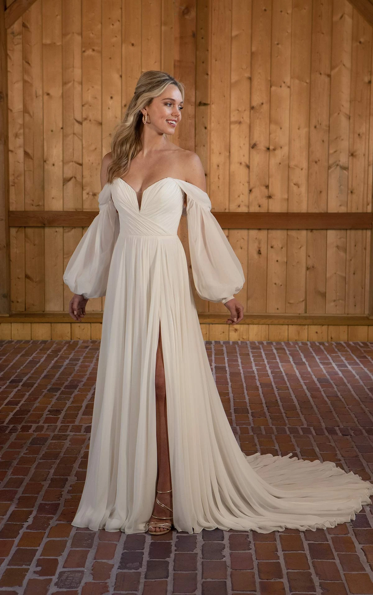 d3636 Chiffon A-Line Wedding Dress with Detachable Long Sleeves by Essense of Australia