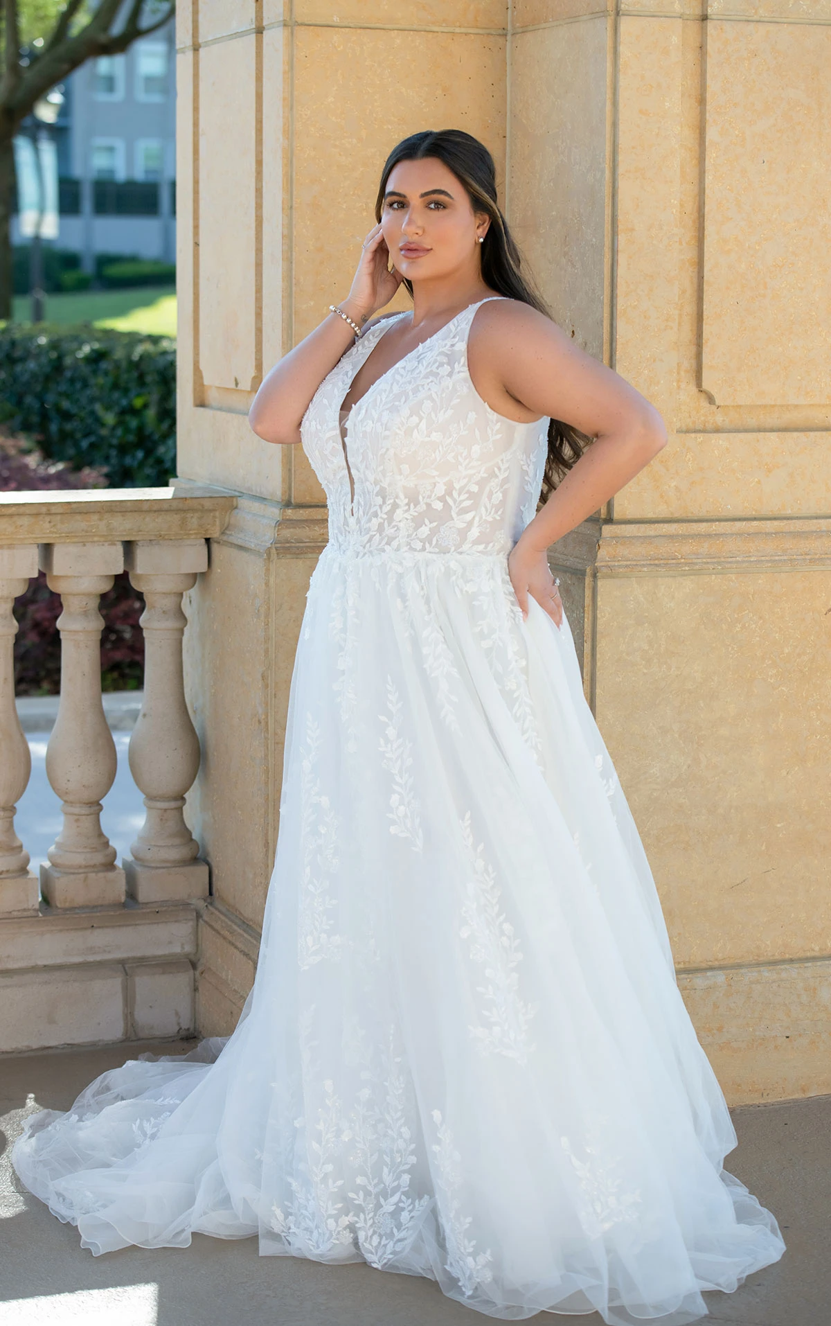 d4007 Ethereal Lace, Organza and Tulle A-Line Wedding Dress with Plunging Neckline by Essense of Australia