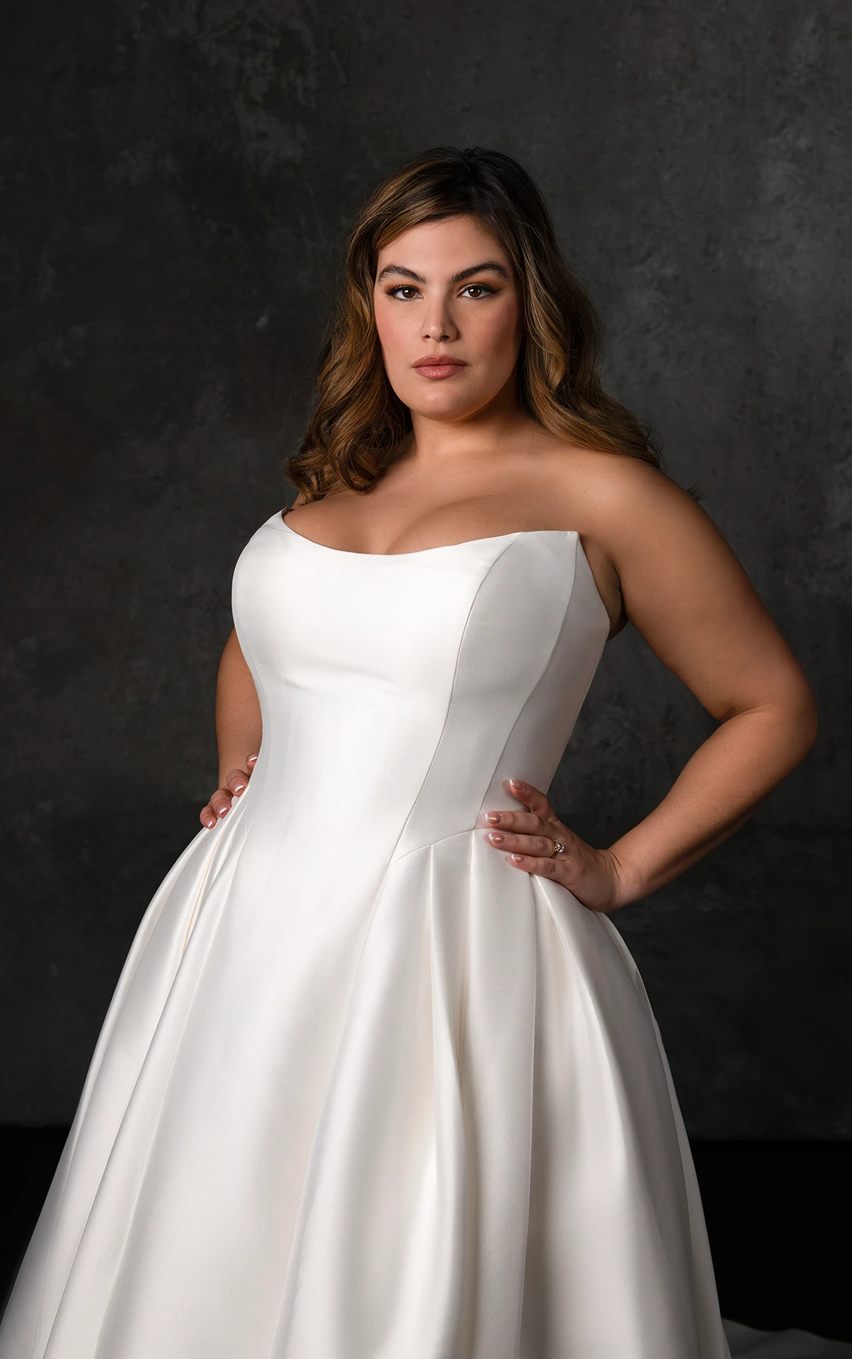 d4265 Strapless Mikado Ballgown Wedding Dress with Cat-Eye Neckline and Pleated Skirt by Essense of Australia