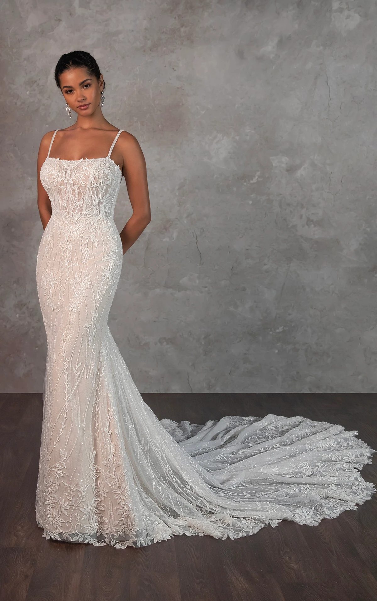 d4279 Shimmering Lace Fit-and-Flare Wedding Dress with Botanical Appliqués and Scoop Neckline by Essense of Australia