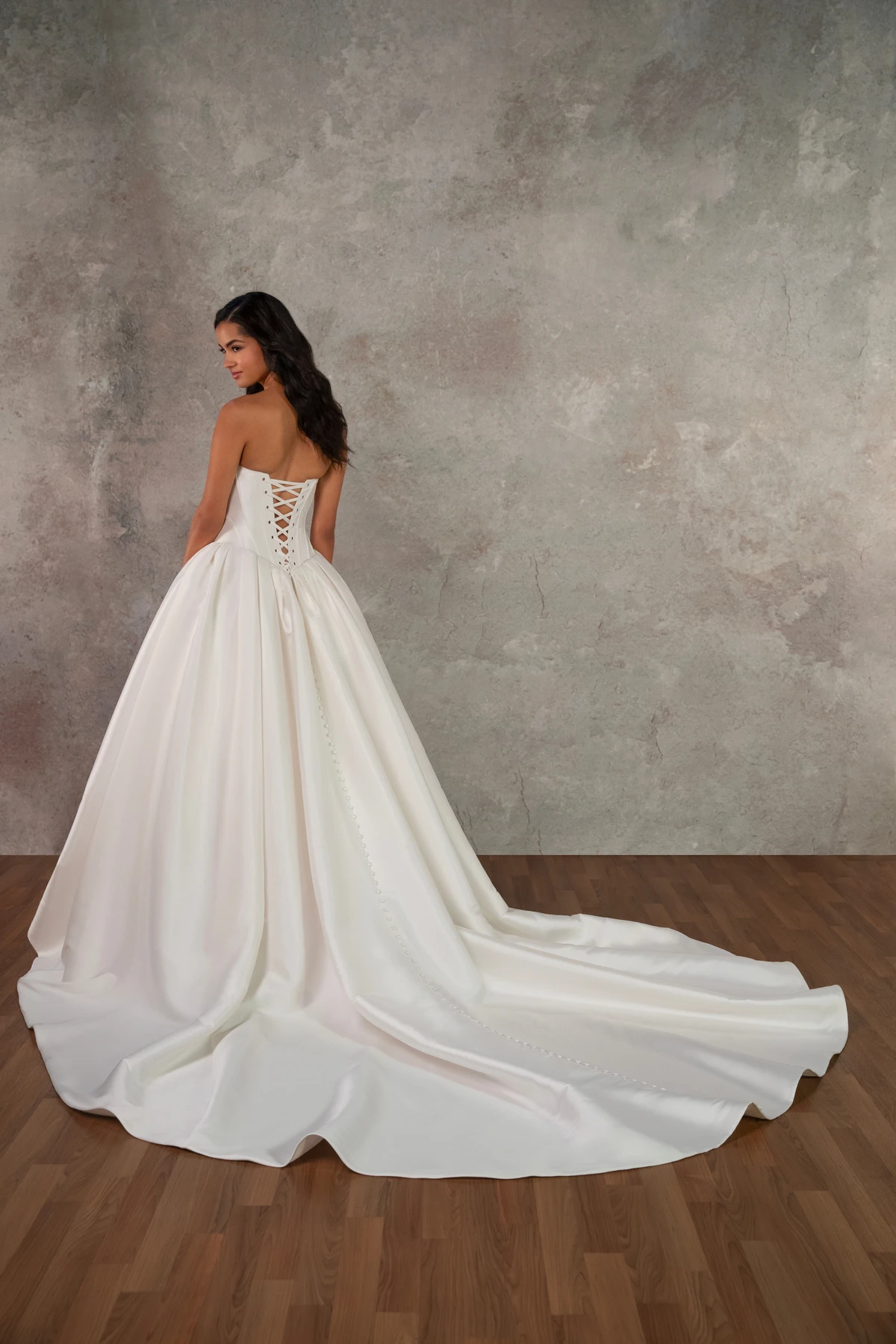 d4410 Strapless Mikado Ballgown with Cat Eye Neckline and Drop Waist by Essense of Australia