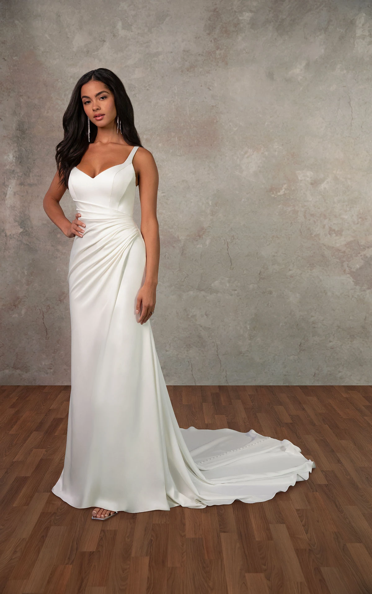 d4439 Soft Satin Column Gown with Asymmetrical Pleating and Low V-Back by Essense of Australia