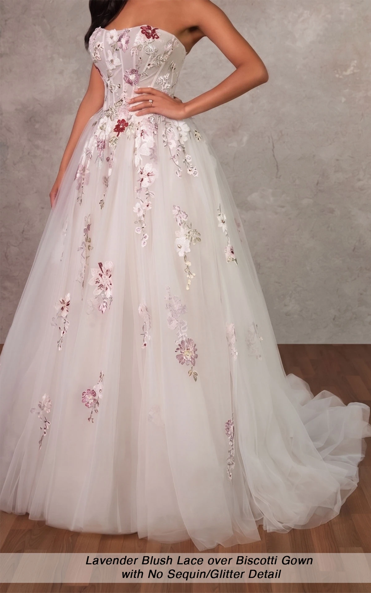 d4482 Strapless Glitter Tulle A-Line Wedding Dress with Colored Embroidered Lace by Essense of Australia