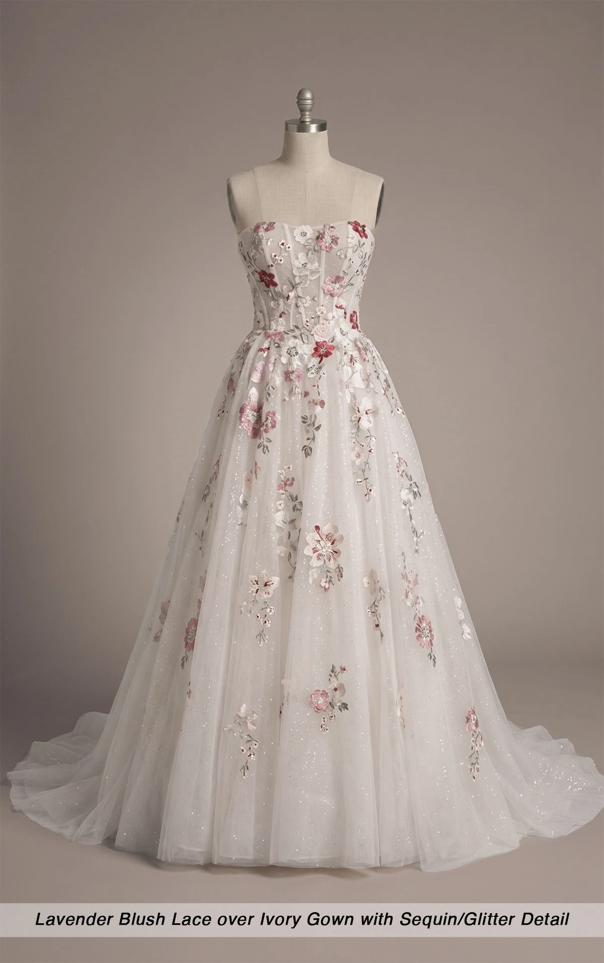 d4482 Strapless Glitter Tulle A-Line Wedding Dress with Colored Embroidered Lace by Essense of Australia