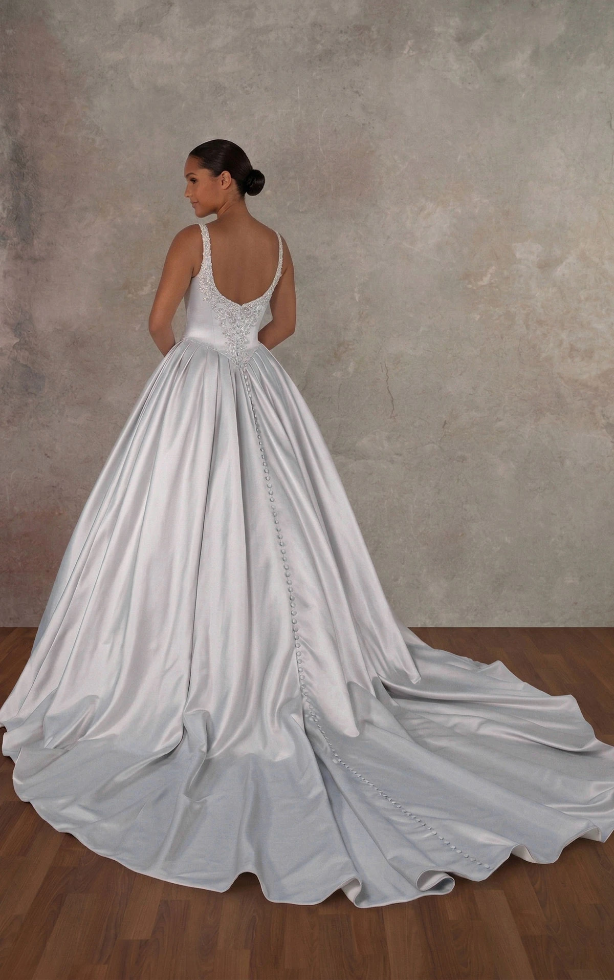 d4485 Satin Ballgown with Silver Embellished Bodice and Basque Waist by Essense of Australia