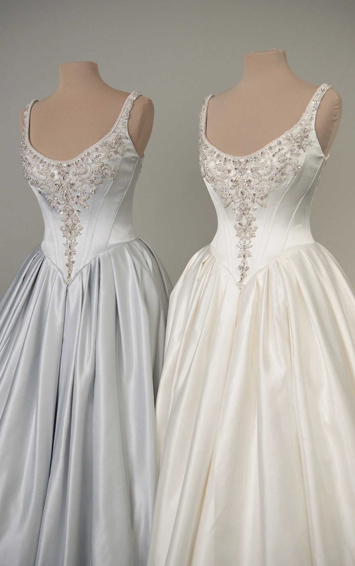 d4485 Satin Ballgown with Silver Embellished Bodice and Basque Waist by Essense of Australia