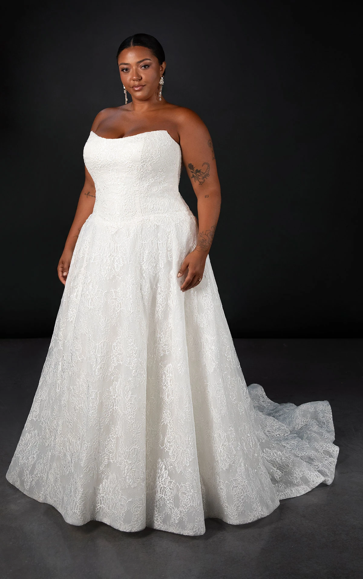ml1963 Strapless Chantilly Lace A-Line Wedding Dress with Drop Waist by Martina Liana