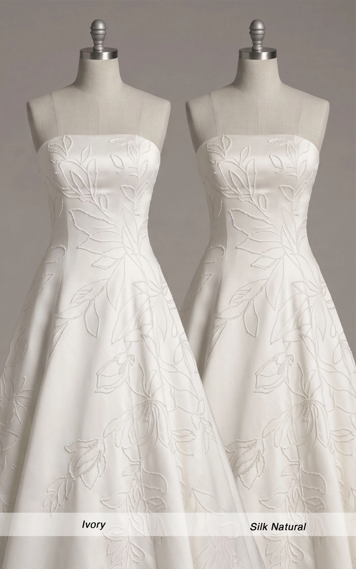 ml2062 Trägerloses A-Linien-Brautkleid aus Brushed Mikado mit großflächigen floralen Details  by Martina Liana