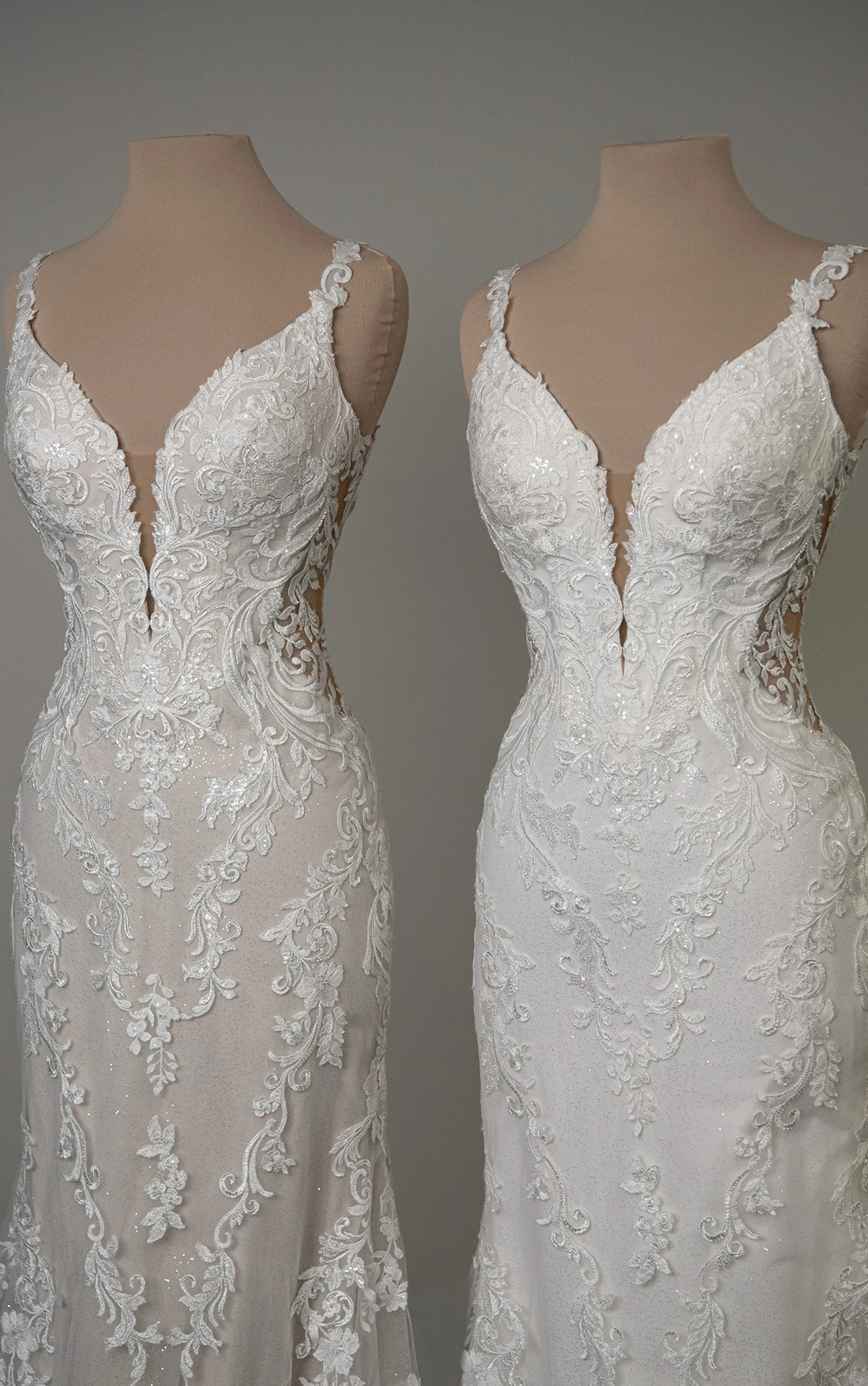 sy8168 Fit-and-Flare Wedding Dress with Plunging Neckline and Lace Appliqués by Stella York