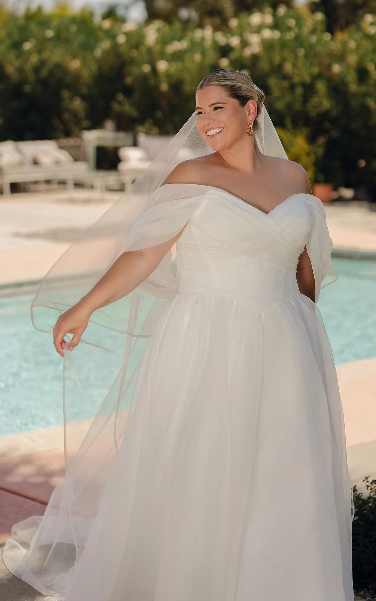 sy8215 Organza Wedding Dress with Off-the-Shoulder Sleeves and Basque Waist  by Stella York