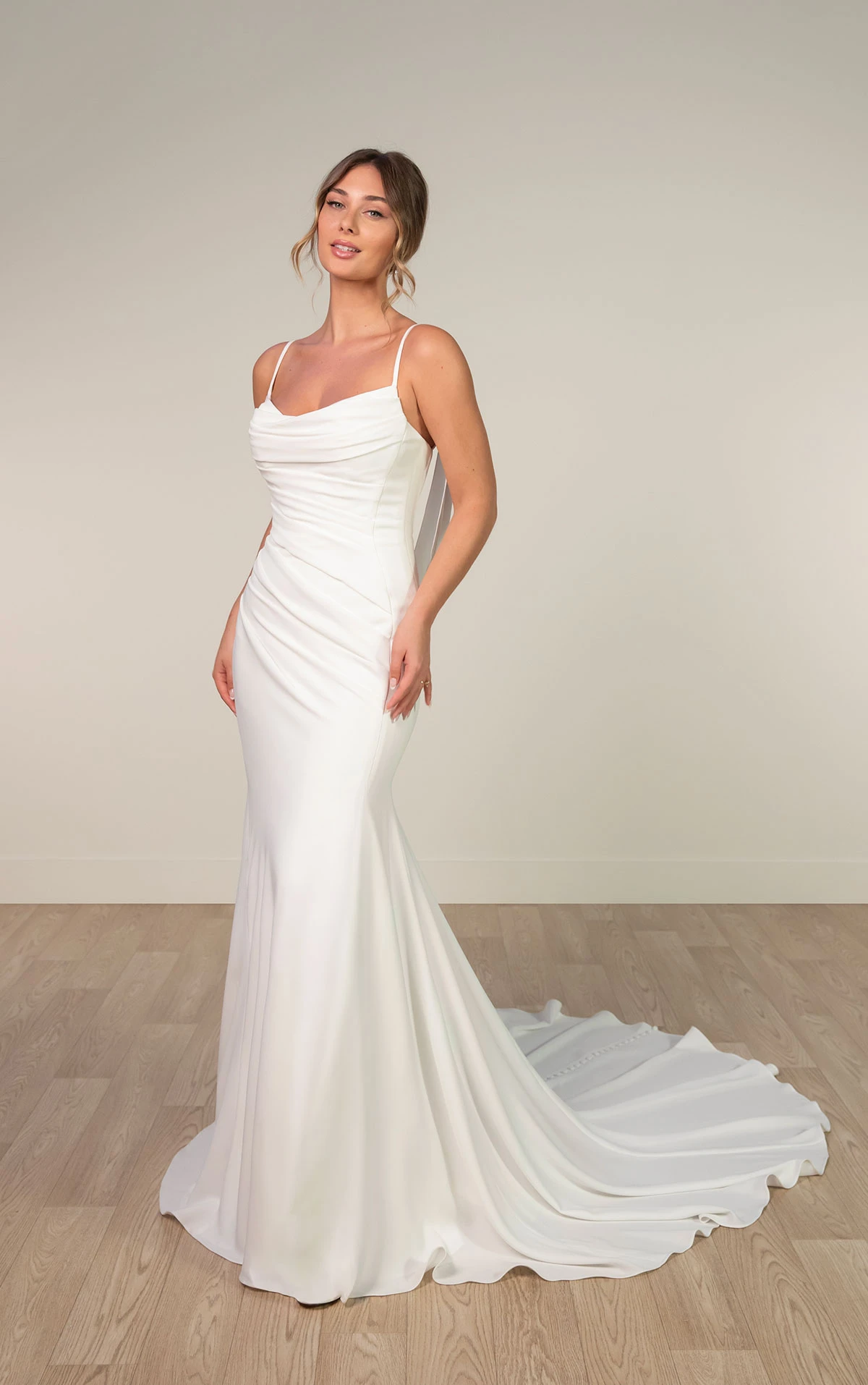 sy8224 Sheath Wedding Dress with Spaghetti Straps and Detachable Cowl by Stella York