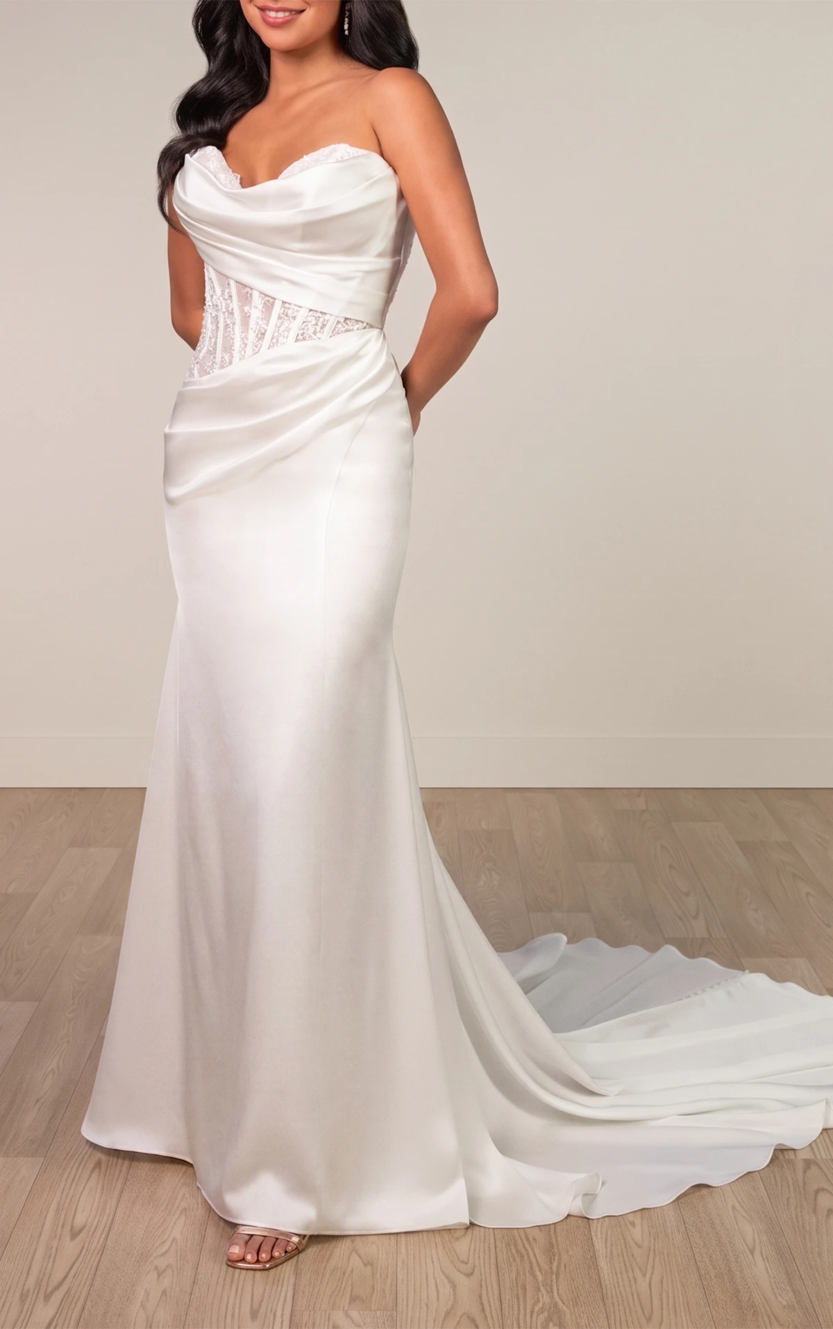 sy8248 Strapless Satin Column Wedding Dress with Asymmetrical Peekaboo Lace Corset by Stella York