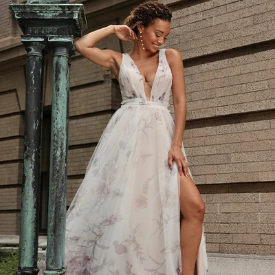 Bride wearing floral tulle a-line wedding dress with v-neck
