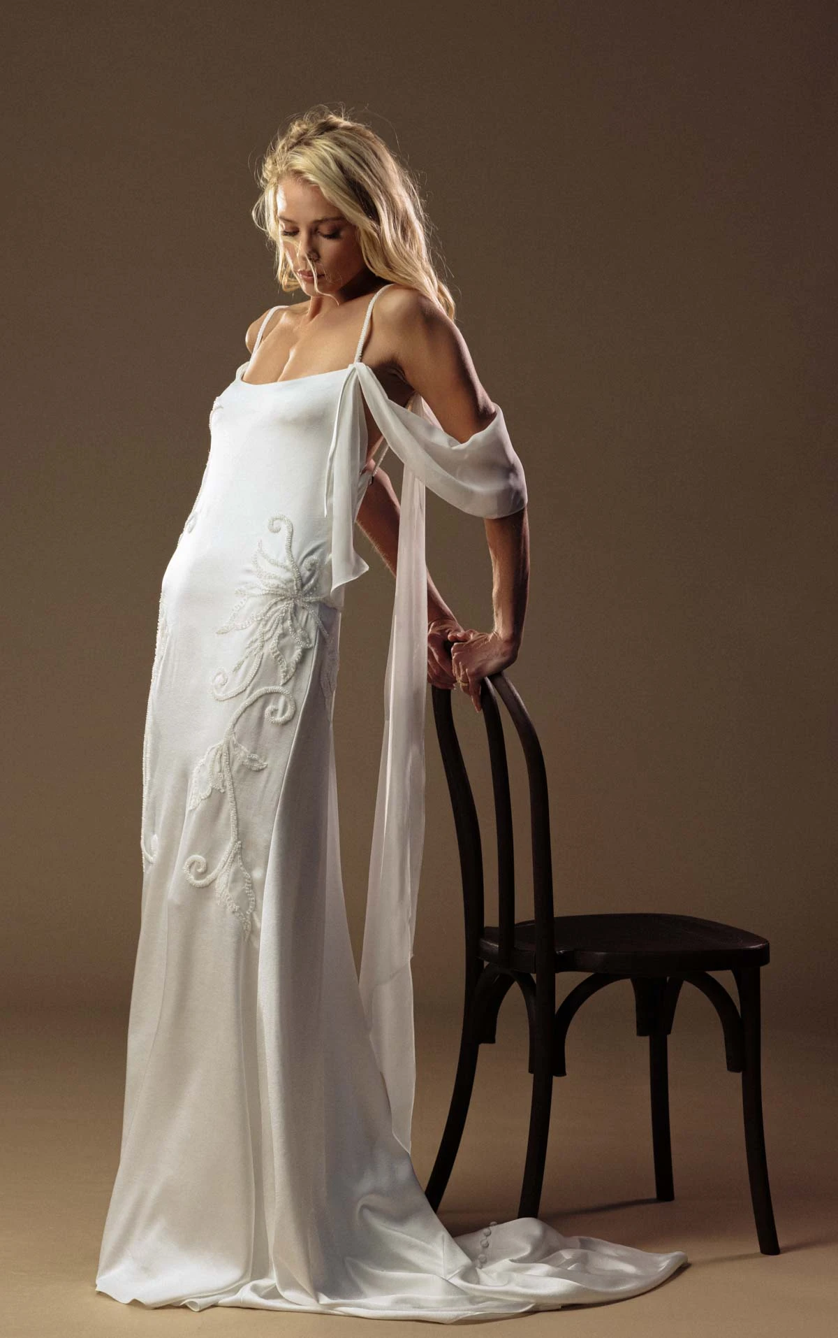 annica Square-Neck Charmeuse Sheath Wedding Dress with Beaded Floral Accents and Streamer Straps  by All Who Wander
