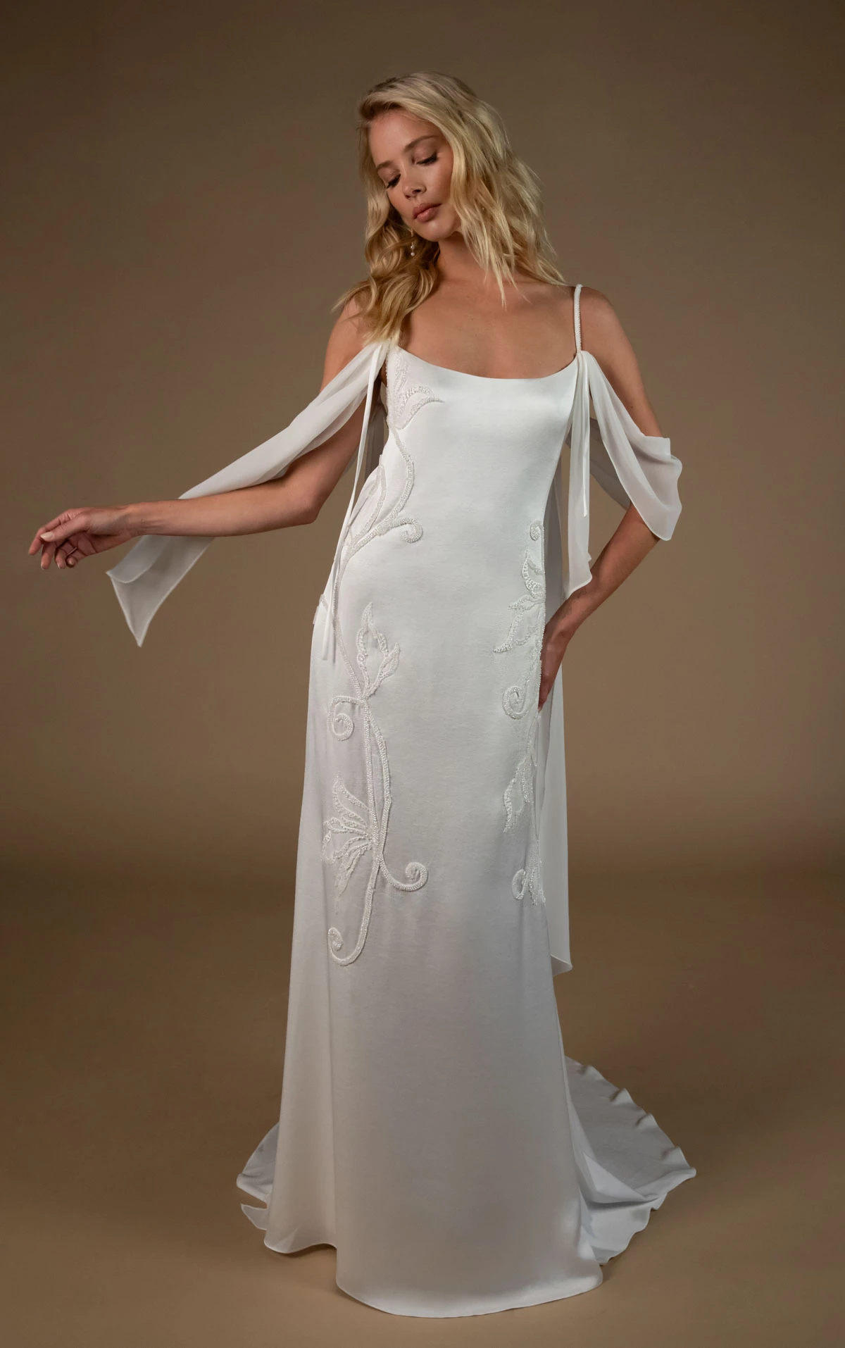 annica Square-Neck Charmeuse Sheath Wedding Dress with Beaded Floral Accents and Streamer Straps  by All Who Wander