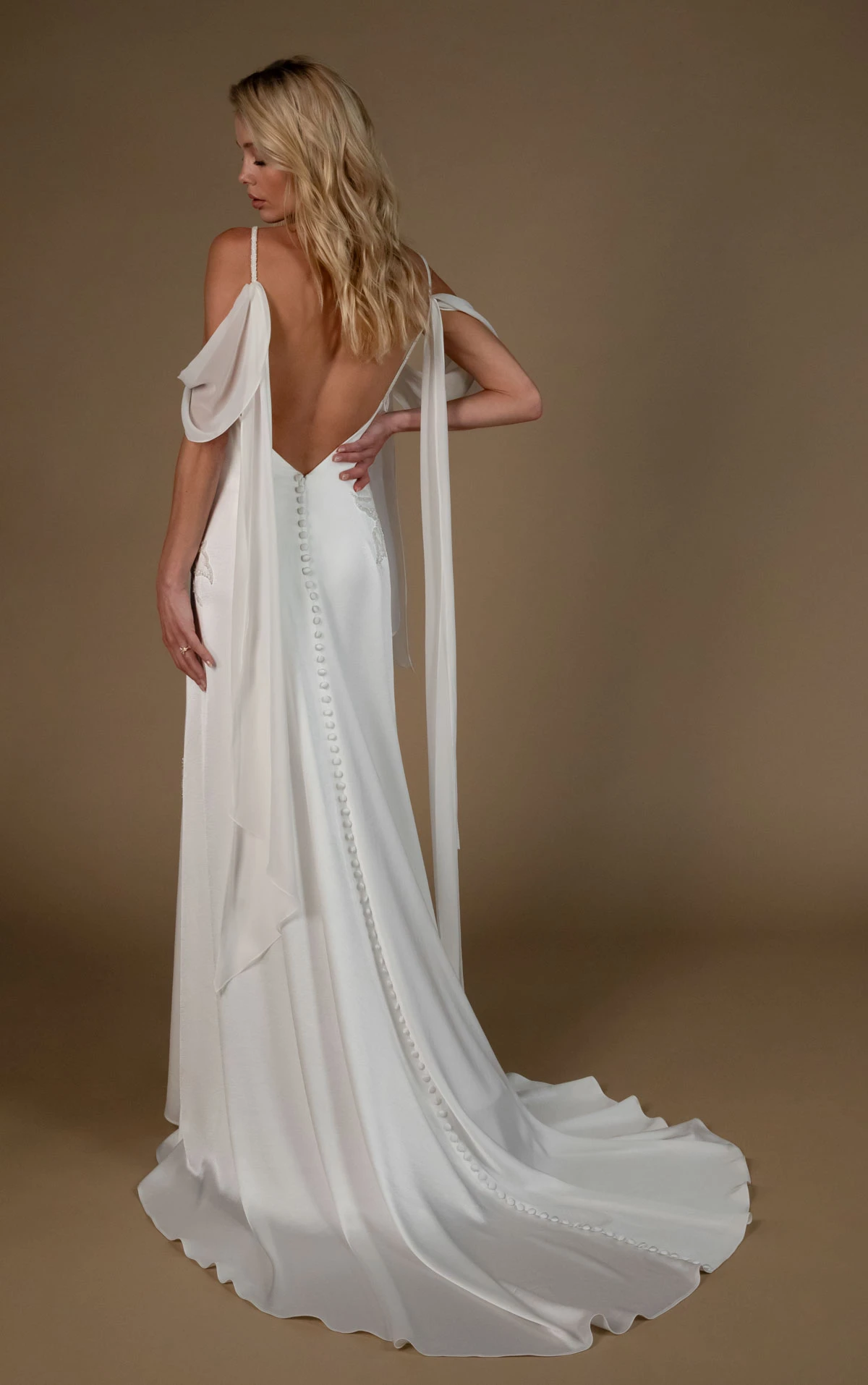 annica Square-Neck Charmeuse Sheath Wedding Dress with Beaded Floral Accents and Streamer Straps  by All Who Wander