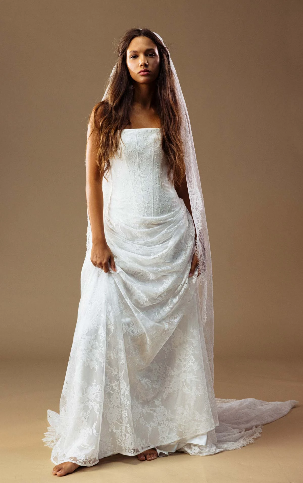 august A-Line Bridal Gown Featuring a Strapless Neckline and Draped Drop Waist  by All Who Wander