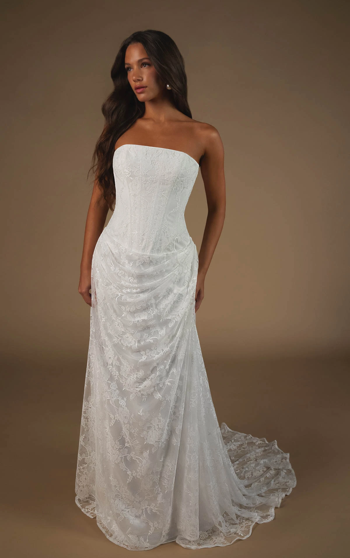 august A-Line Bridal Gown Featuring a Strapless Neckline and Draped Drop Waist  by All Who Wander