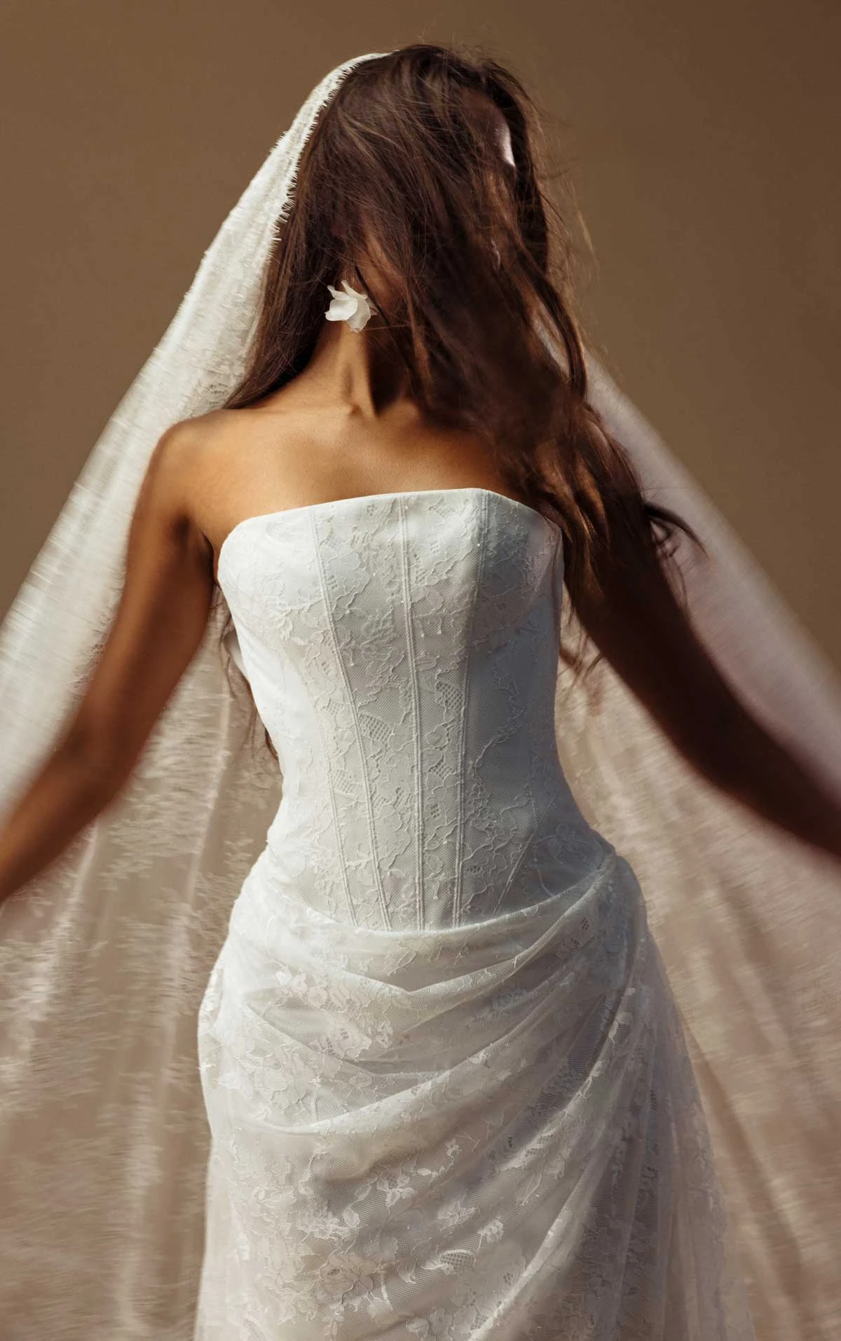 august A-Line Bridal Gown Featuring a Strapless Neckline and Draped Drop Waist  by All Who Wander