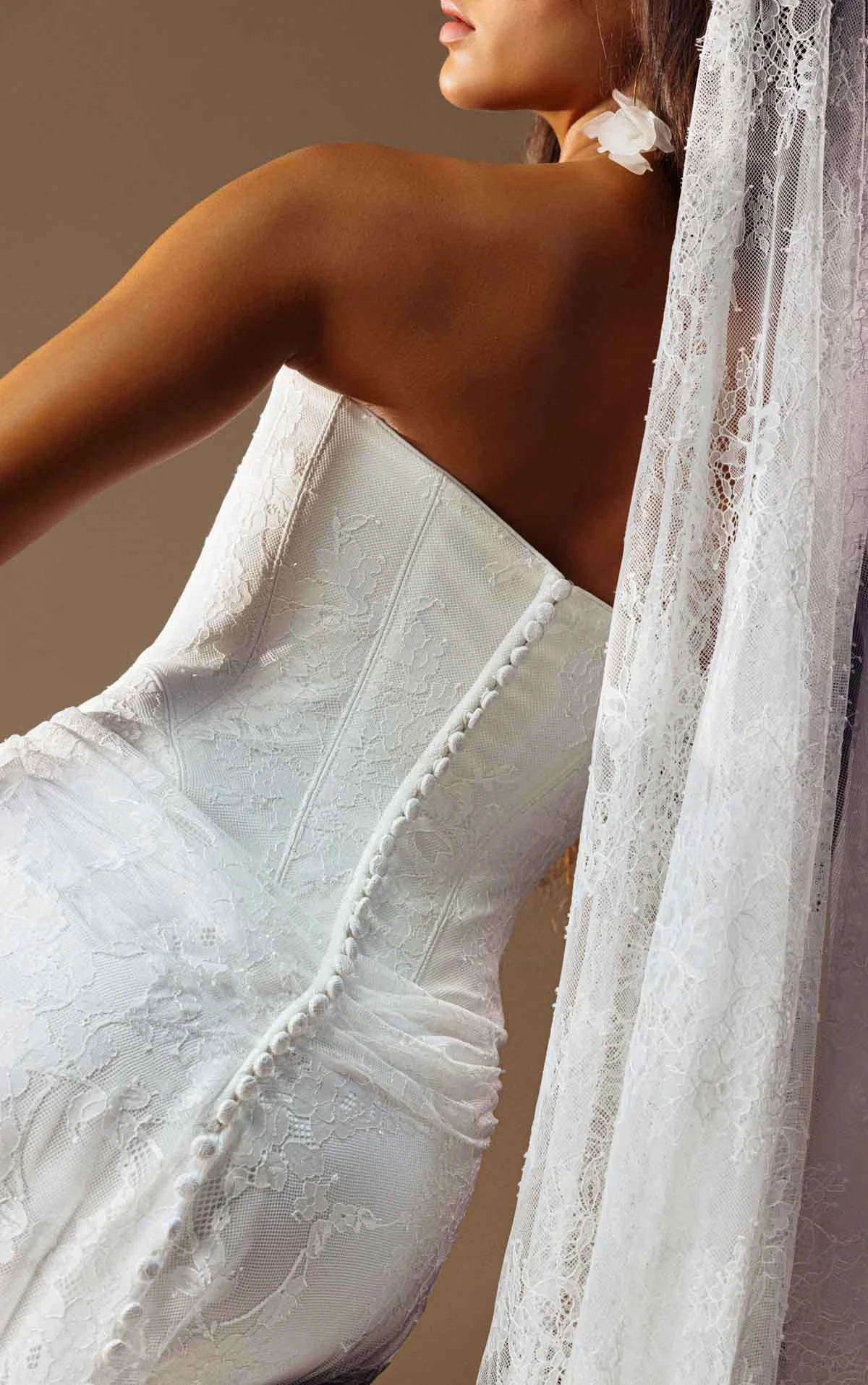 august A-Line Bridal Gown Featuring a Strapless Neckline and Draped Drop Waist  by All Who Wander