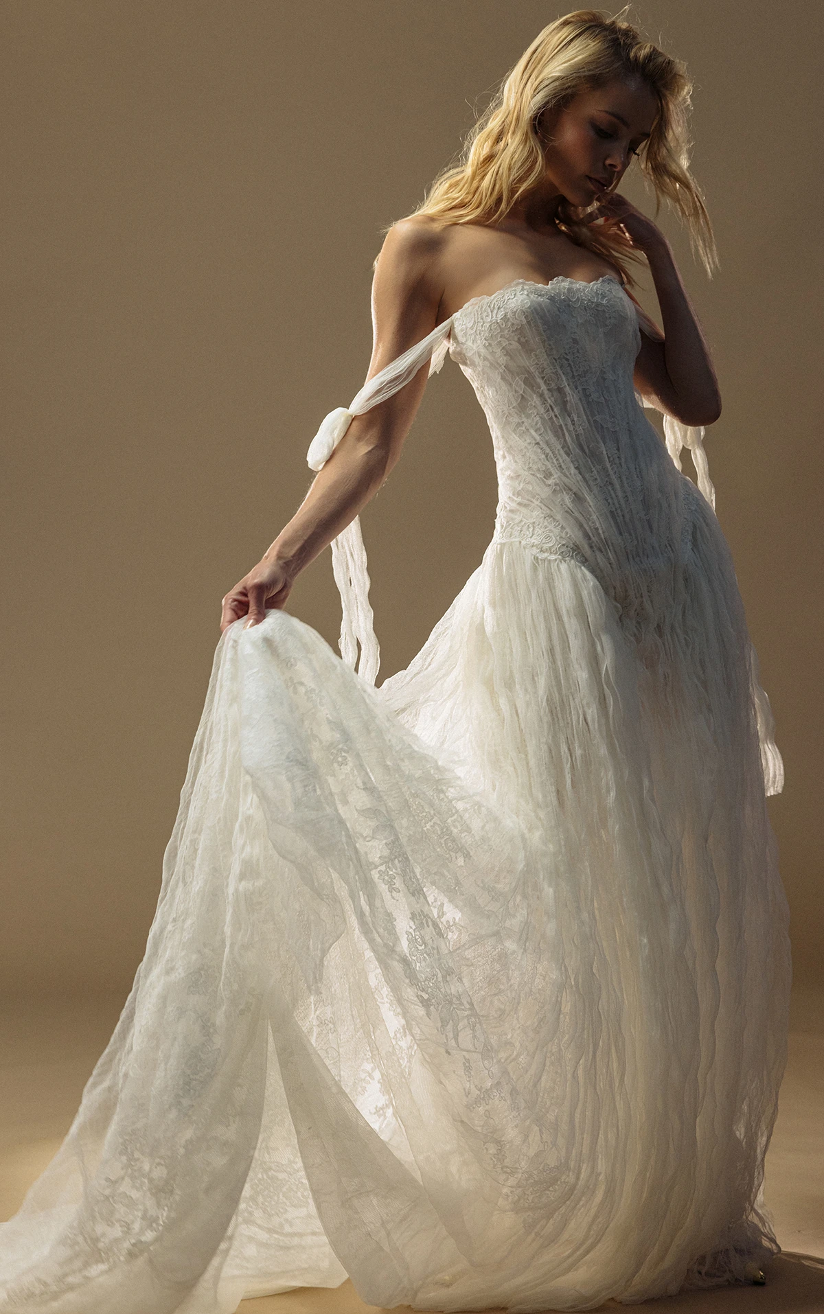 hunter A-Line Wedding Gown with Off-the-Shoulder Neckline in Lace and Crushed Tulle  by All Who Wander