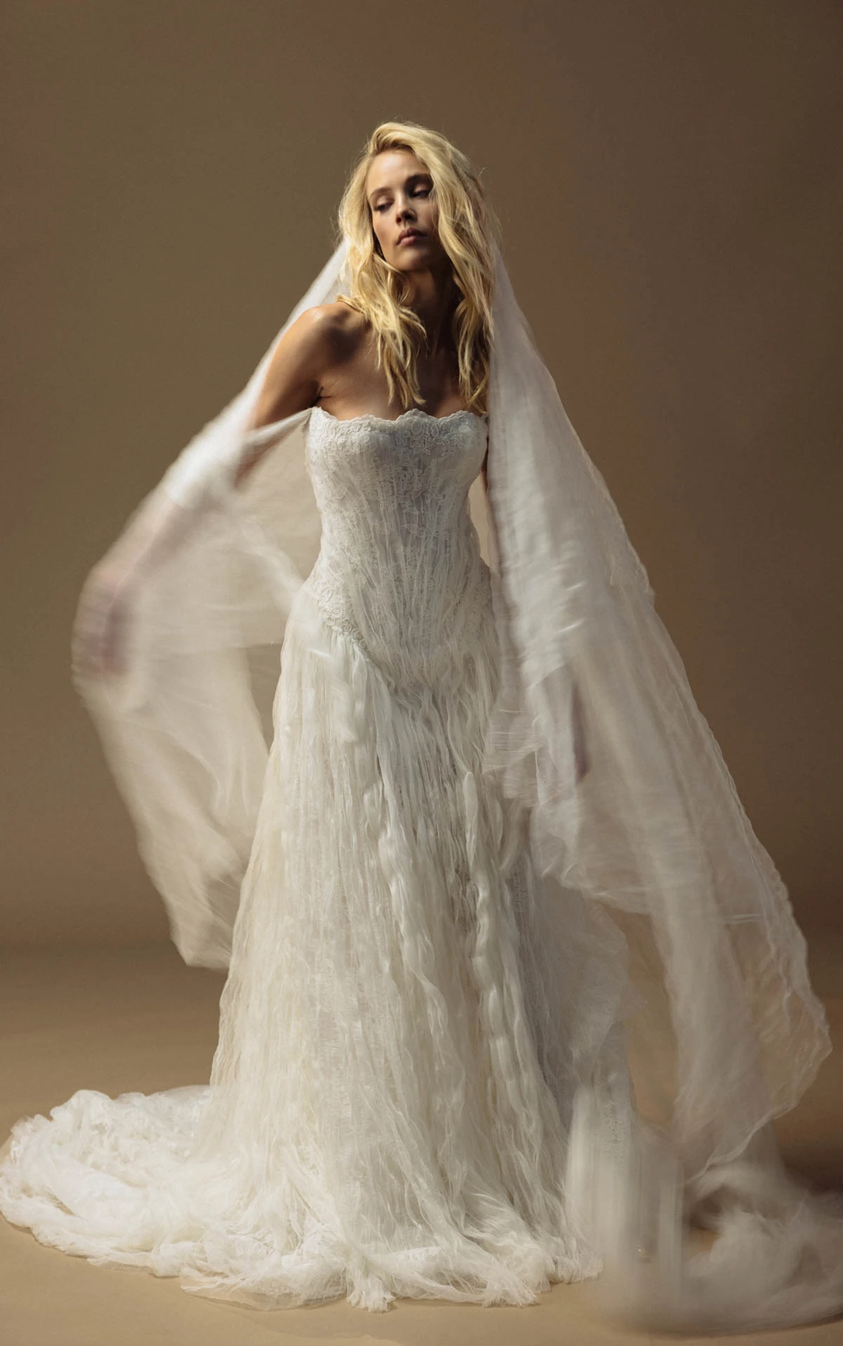 hunter A-Line Wedding Gown with Off-the-Shoulder Neckline in Lace and Crushed Tulle  by All Who Wander