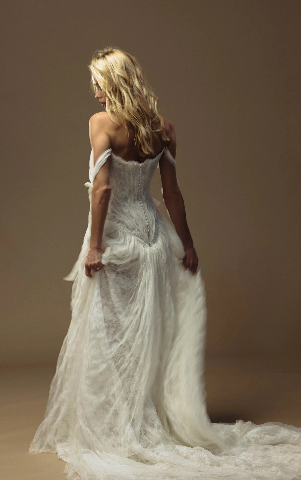 hunter A-Line Wedding Gown with Off-the-Shoulder Neckline in Lace and Crushed Tulle  by All Who Wander