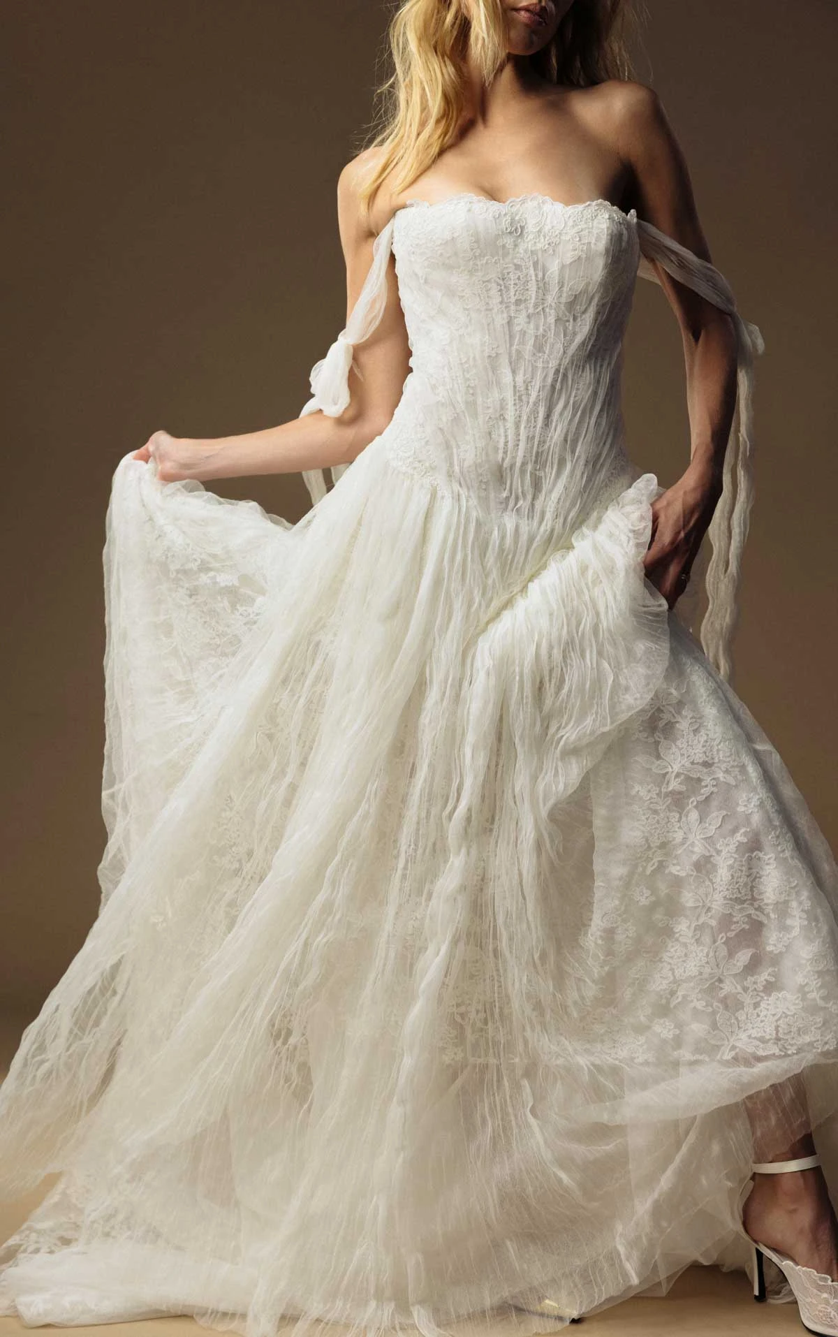 hunter A-Line Wedding Gown with Off-the-Shoulder Neckline in Lace and Crushed Tulle  by All Who Wander