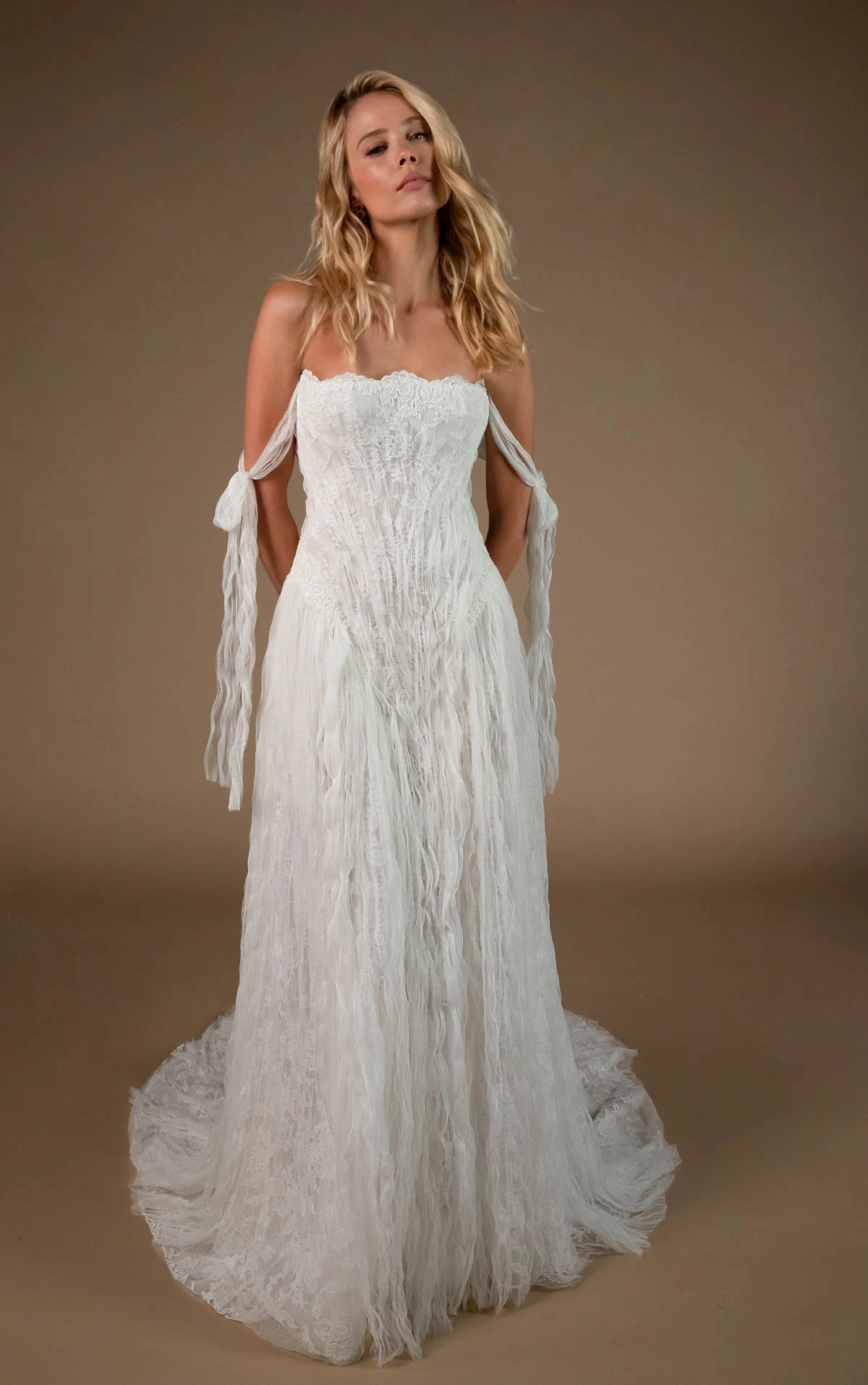 hunter A-Line Wedding Gown with Off-the-Shoulder Neckline in Lace and Crushed Tulle  by All Who Wander