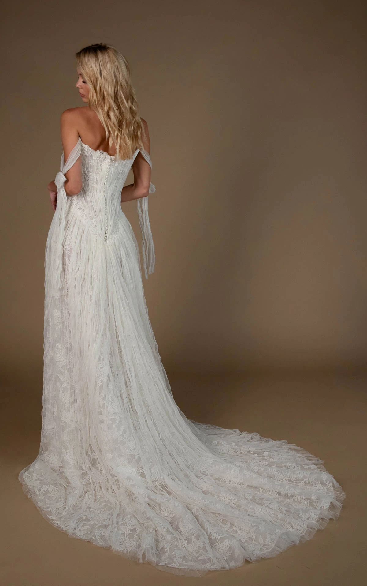 hunter A-Line Wedding Gown with Off-the-Shoulder Neckline in Lace and Crushed Tulle  by All Who Wander