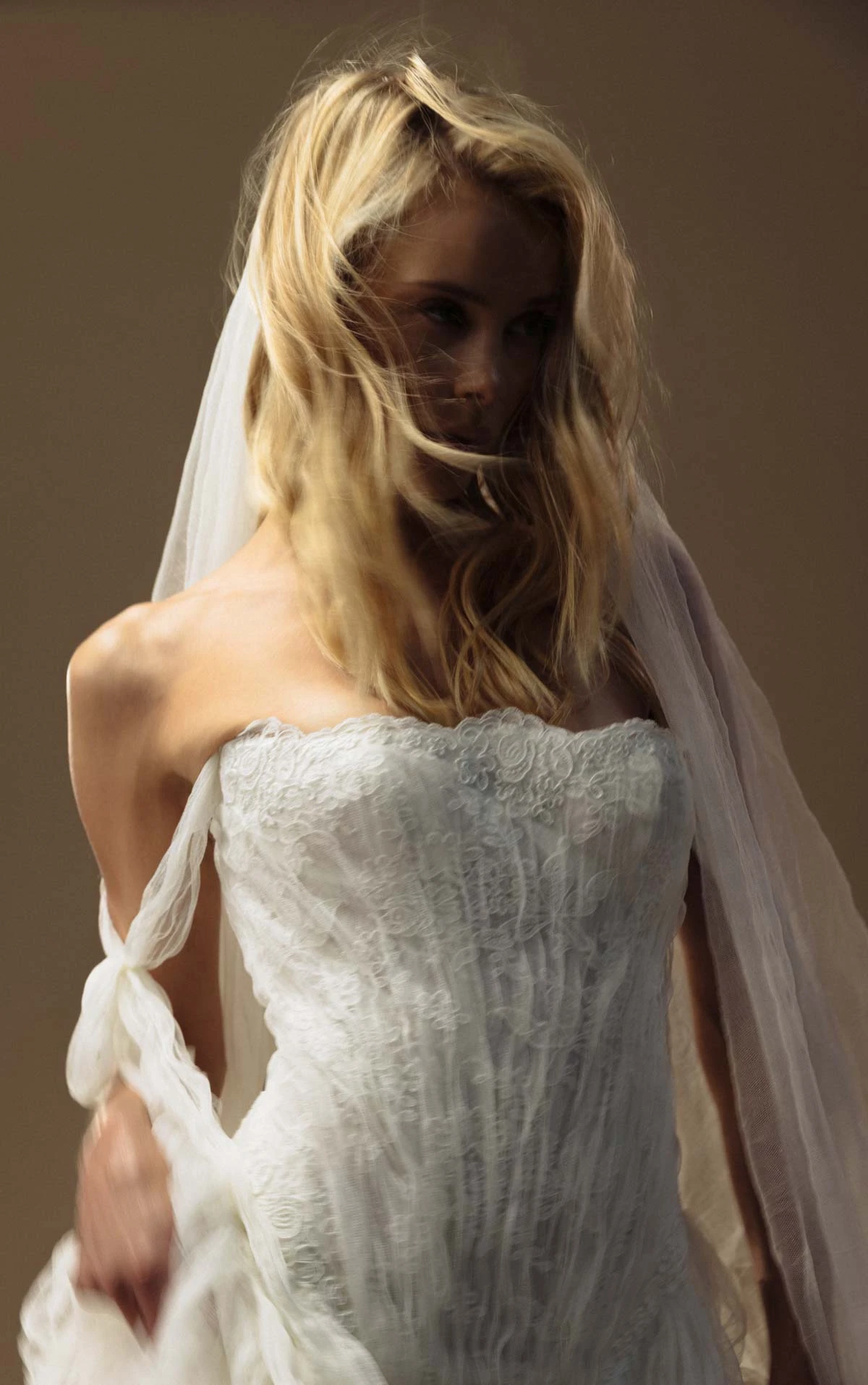 hunter A-Line Wedding Gown with Off-the-Shoulder Neckline in Lace and Crushed Tulle  by All Who Wander