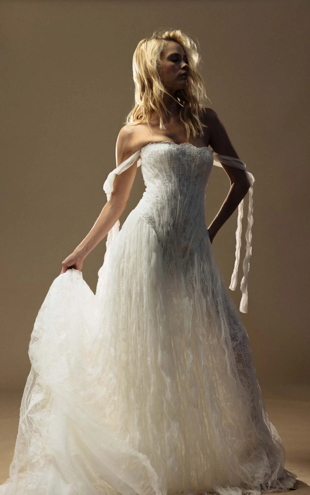 hunter A-Line Wedding Gown with Off-the-Shoulder Neckline in Lace and Crushed Tulle  by All Who Wander