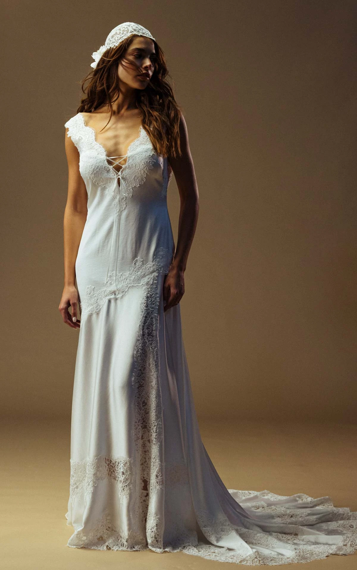 kitt Plunging V-Neck Sheath Wedding Gown in Lace and Charmeuse  by All Who Wander