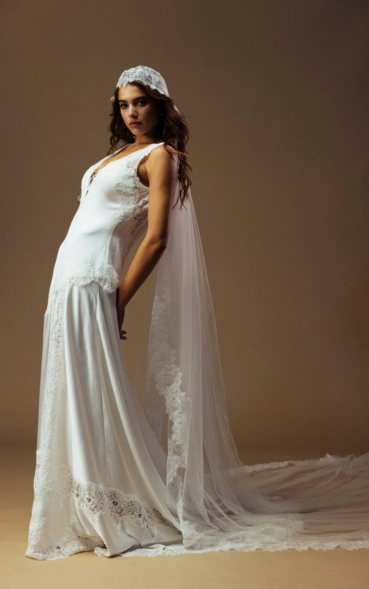 kitt Plunging V-Neck Sheath Wedding Gown in Lace and Charmeuse  by All Who Wander