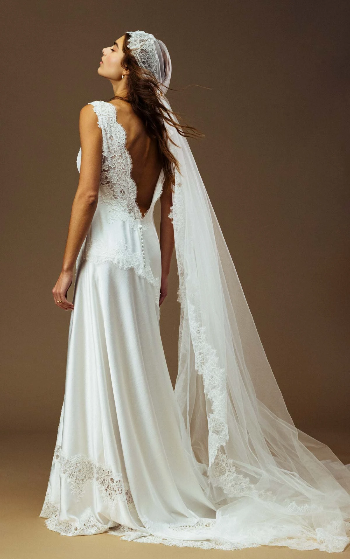 kitt Plunging V-Neck Sheath Wedding Gown in Lace and Charmeuse  by All Who Wander