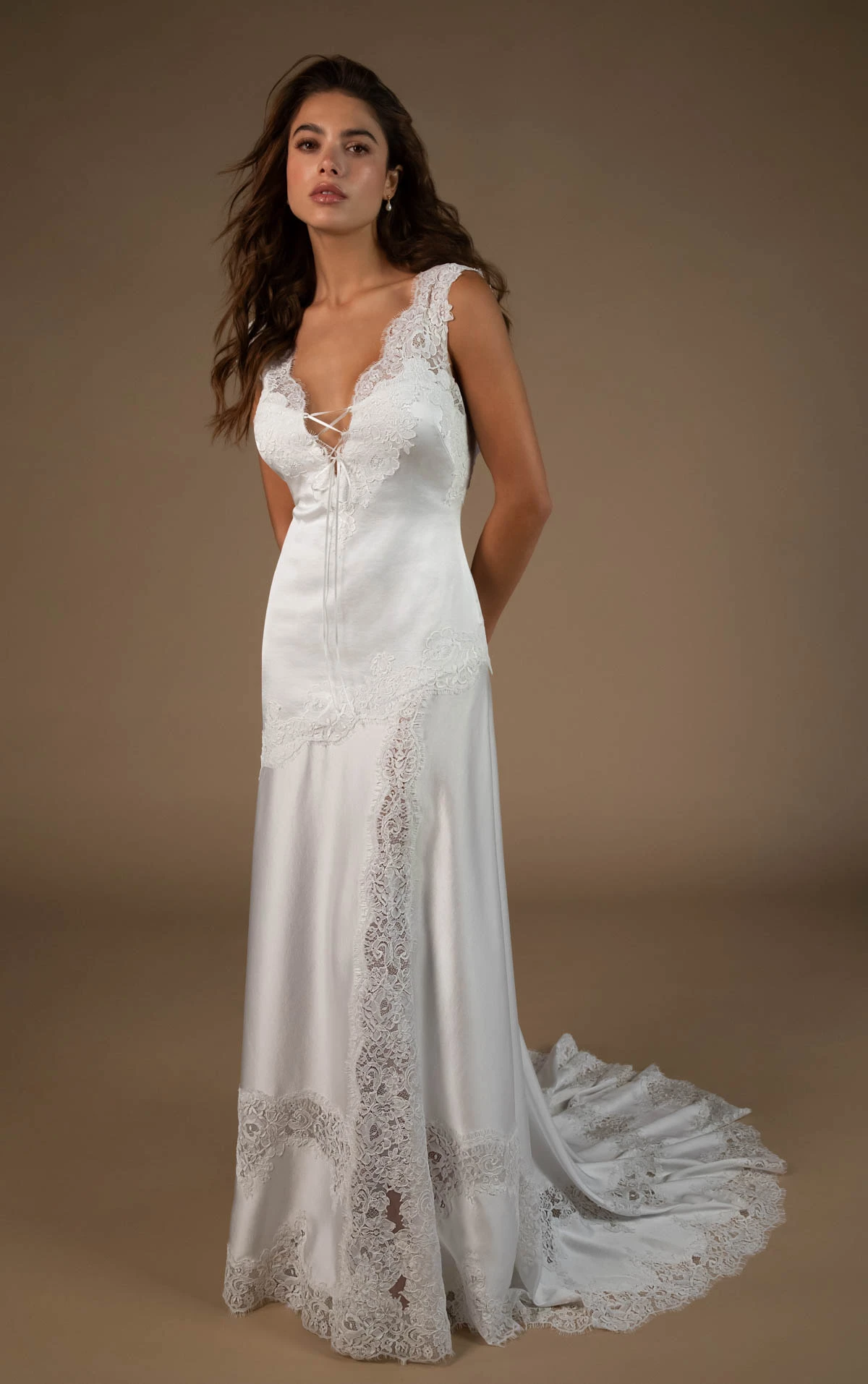 kitt Plunging V-Neck Sheath Wedding Gown in Lace and Charmeuse  by All Who Wander