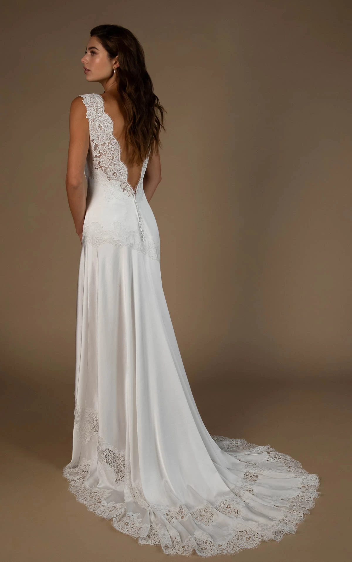 kitt Plunging V-Neck Sheath Wedding Gown in Lace and Charmeuse  by All Who Wander