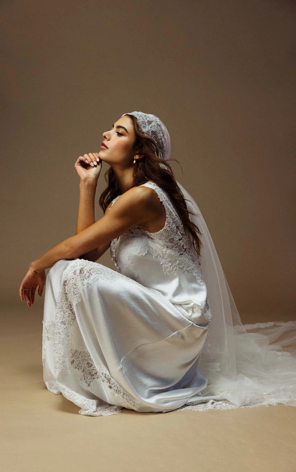 kitt Plunging V-Neck Sheath Wedding Gown in Lace and Charmeuse  by All Who Wander