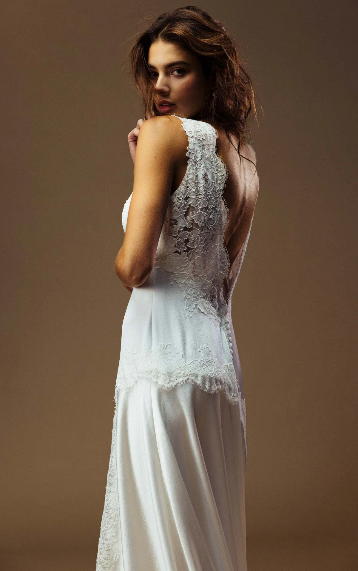 kitt Plunging V-Neck Sheath Wedding Gown in Lace and Charmeuse  by All Who Wander