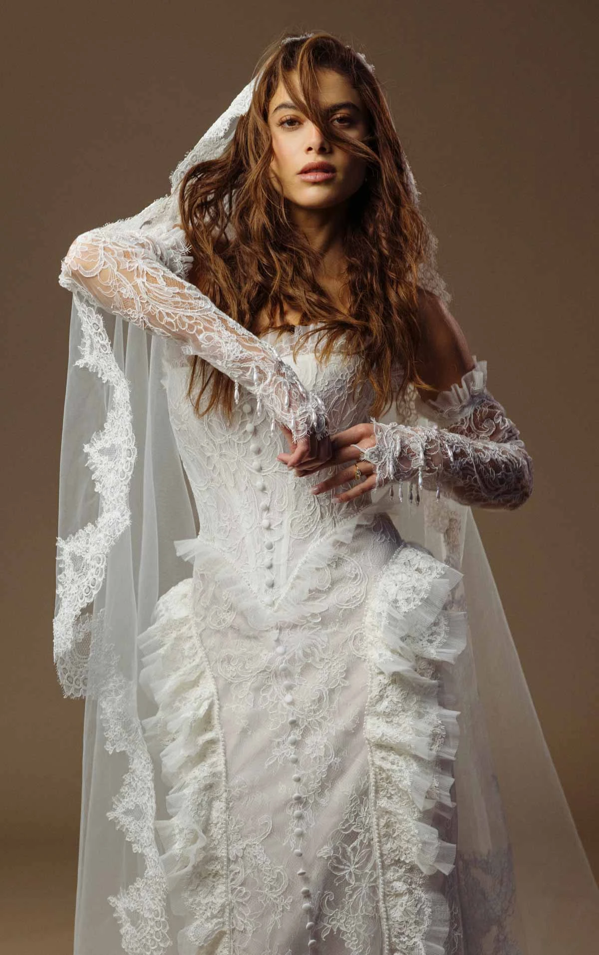 landon Lace Sheath Wedding Dress with a Strapless Neckline and Detachable Long Sleeves  by All Who Wander