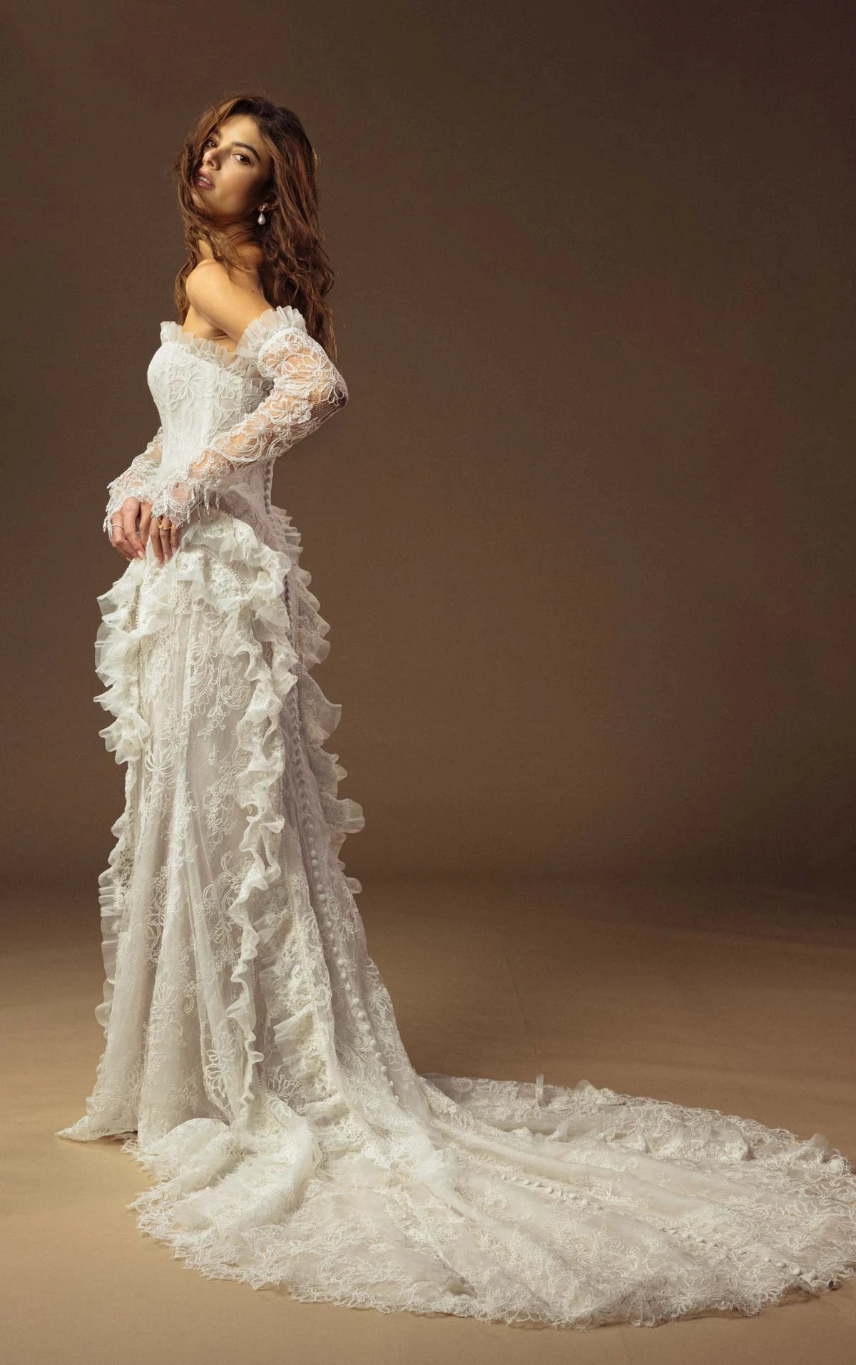 landon Lace Sheath Wedding Dress with a Strapless Neckline and Detachable Long Sleeves  by All Who Wander