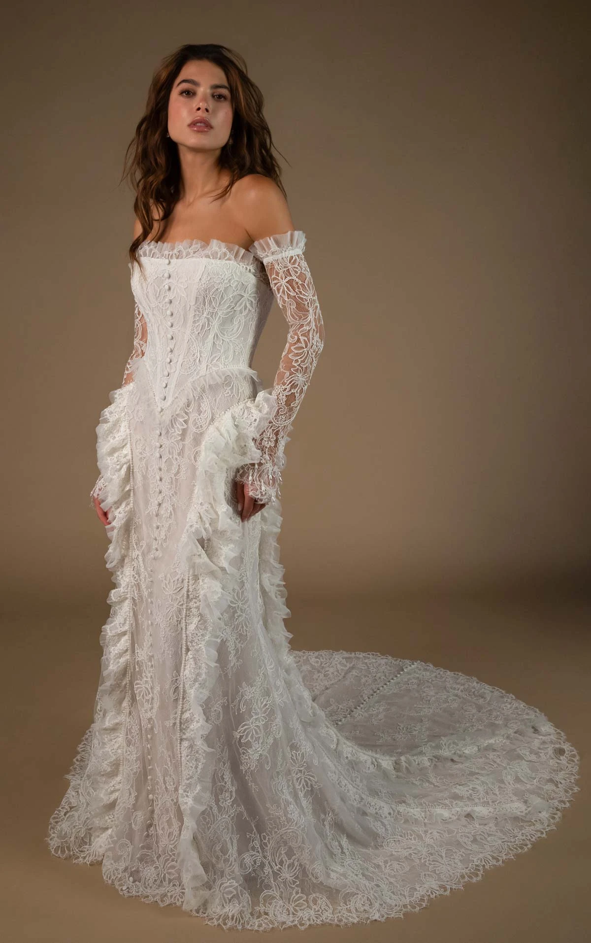 landon Lace Sheath Wedding Dress with a Strapless Neckline and Detachable Long Sleeves  by All Who Wander