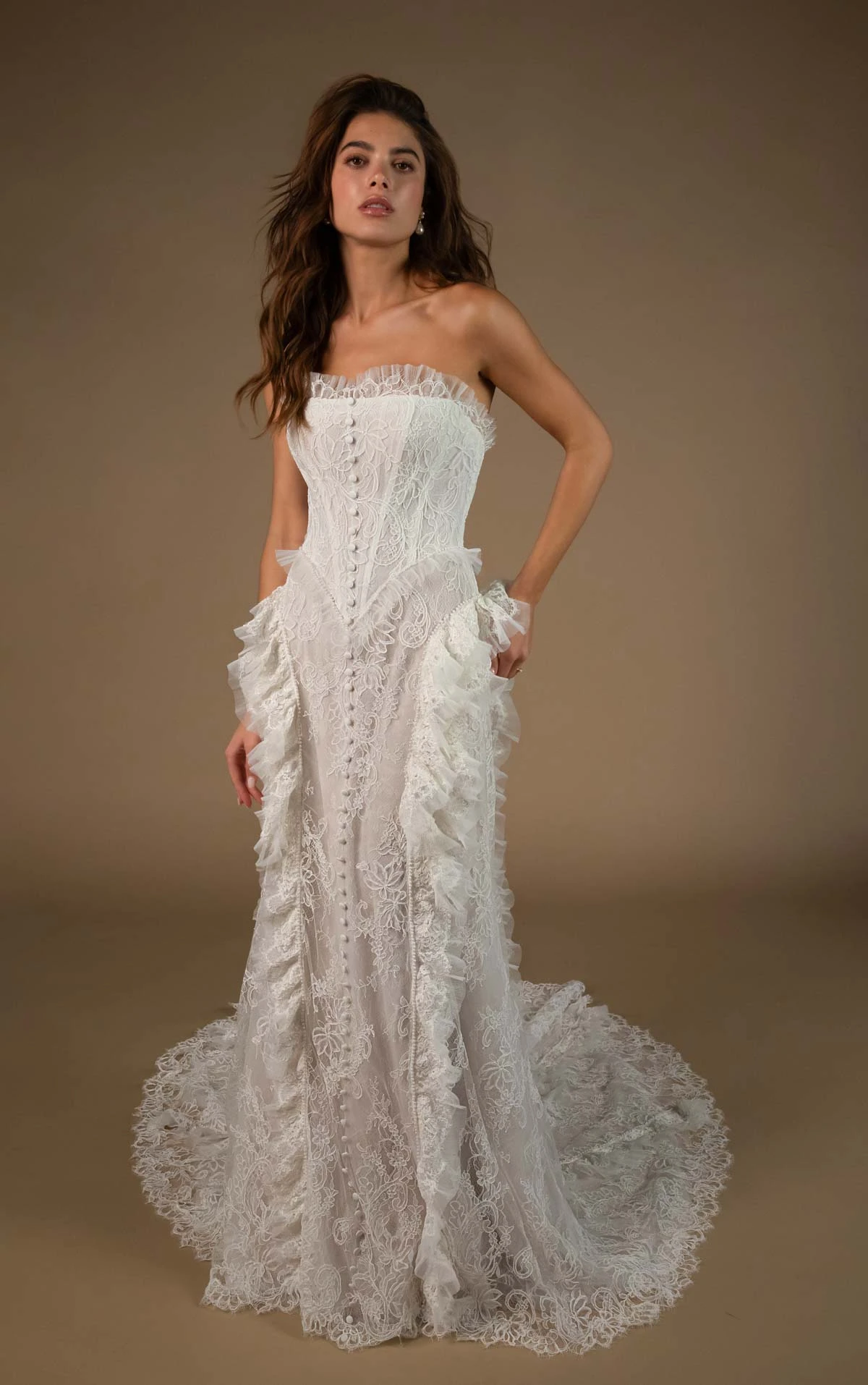 landon Lace Sheath Wedding Dress with a Strapless Neckline and Detachable Long Sleeves  by All Who Wander