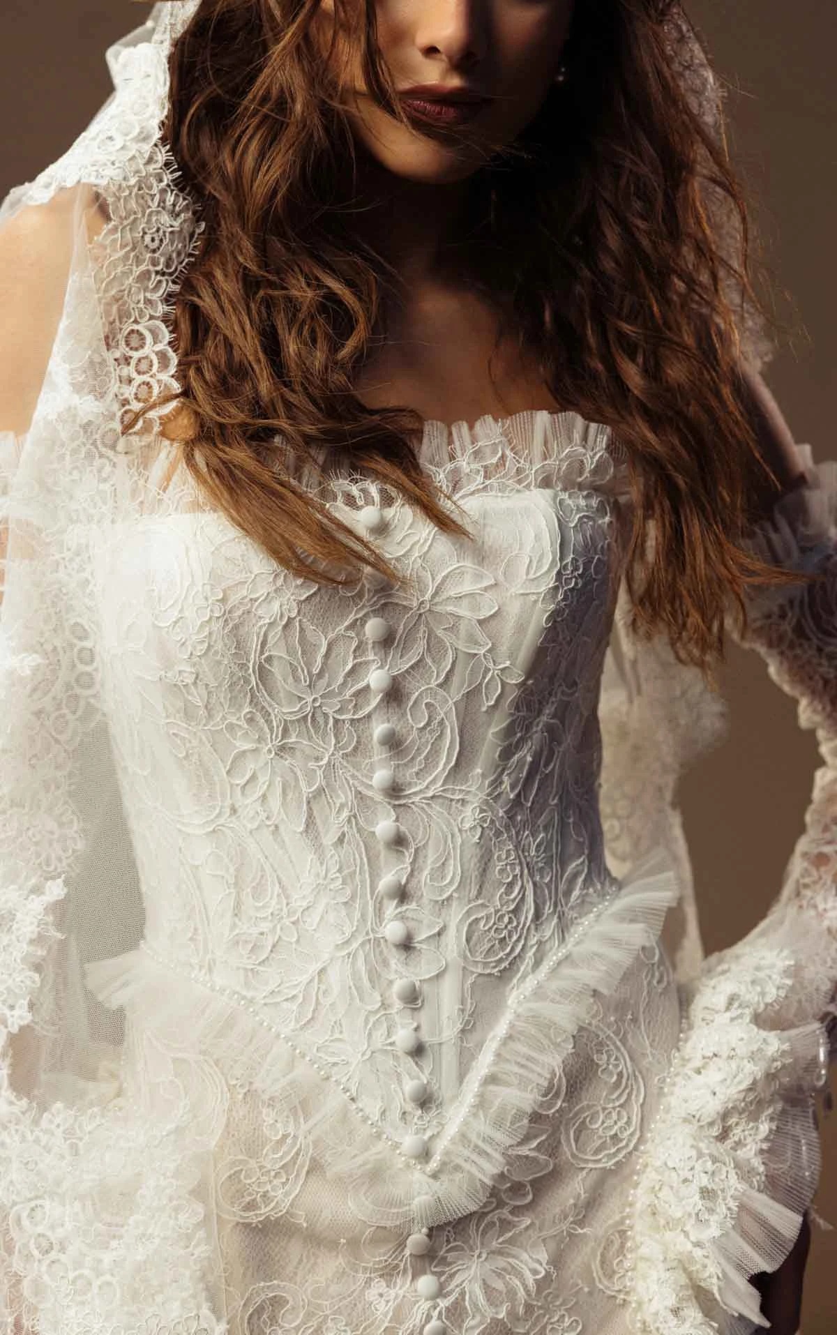 landon Lace Sheath Wedding Dress with a Strapless Neckline and Detachable Long Sleeves  by All Who Wander
