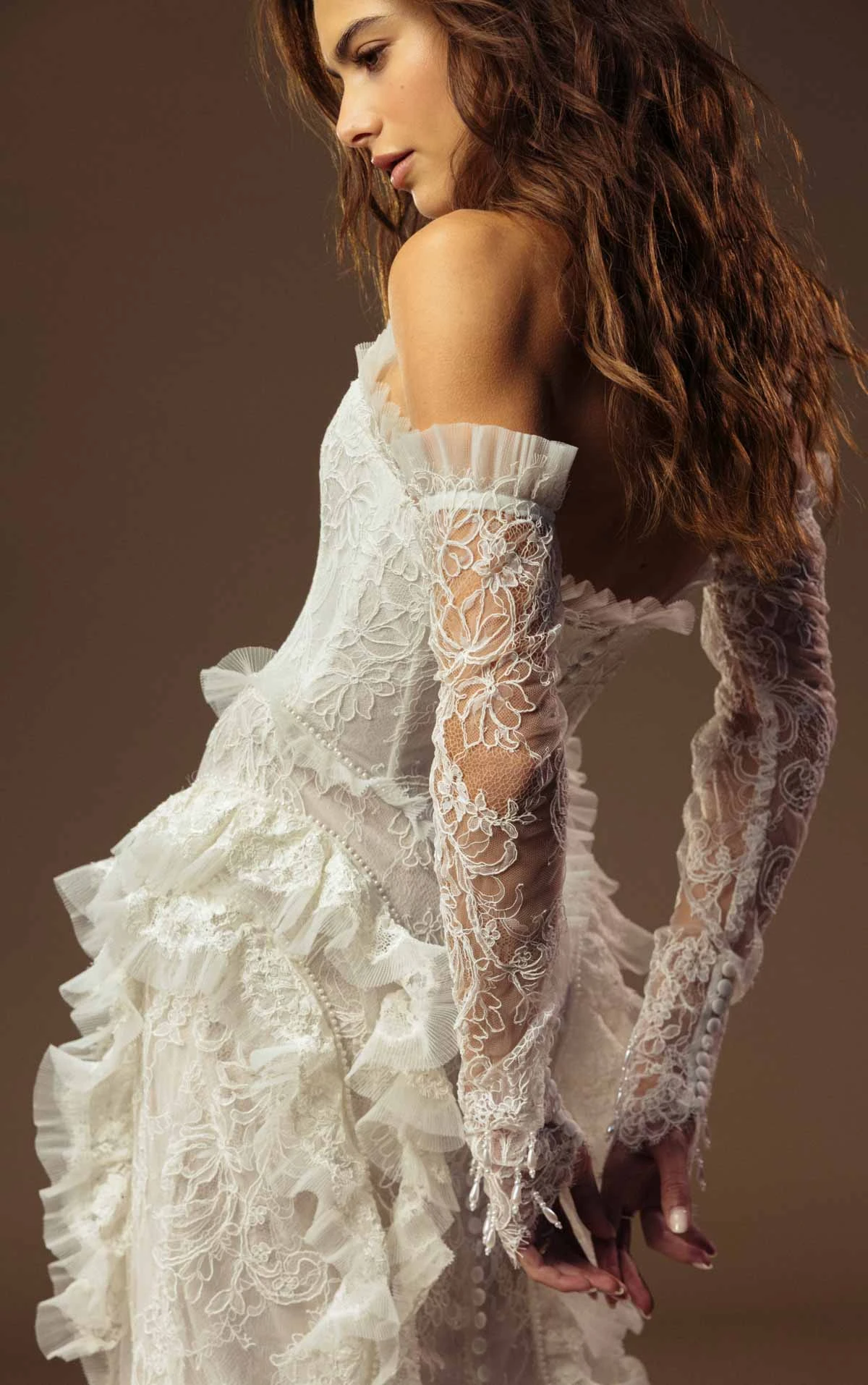 landon Lace Sheath Wedding Dress with a Strapless Neckline and Detachable Long Sleeves  by All Who Wander