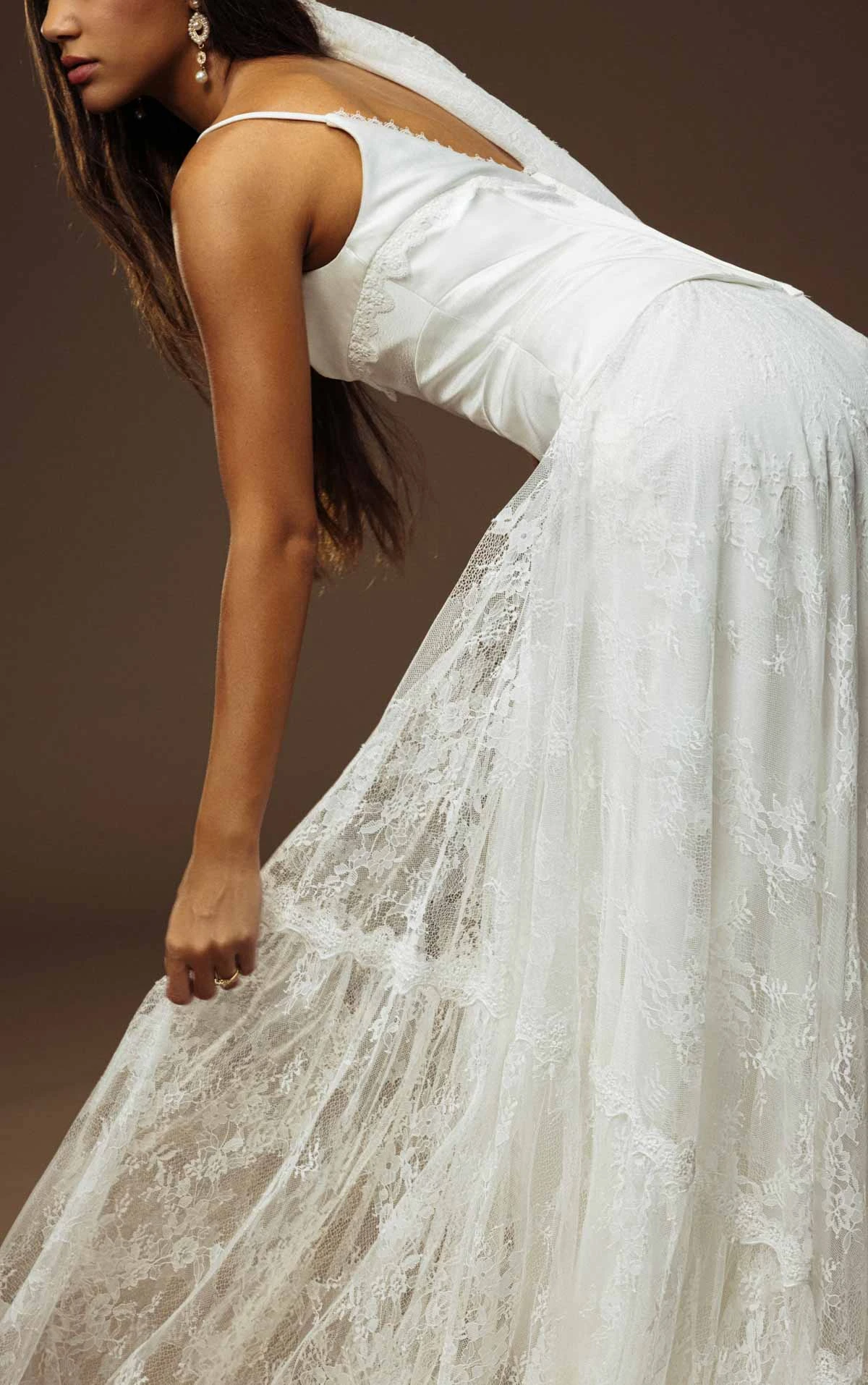 lilith A-Line Wedding Dress in Lace and Charmeuse with a Corset-Inspired Bodice  by All Who Wander