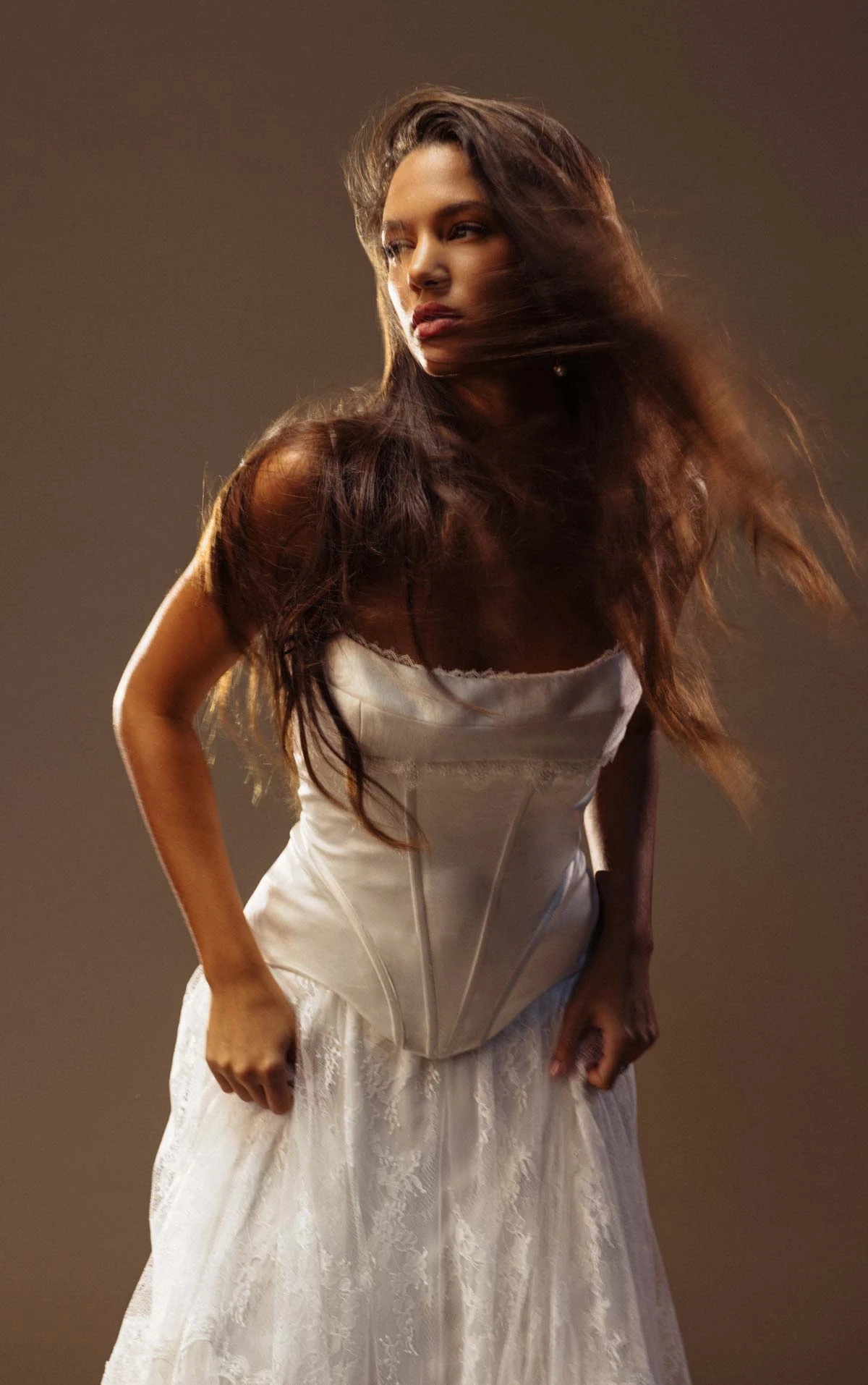 lilith A-Line Wedding Dress in Lace and Charmeuse with a Corset-Inspired Bodice  by All Who Wander