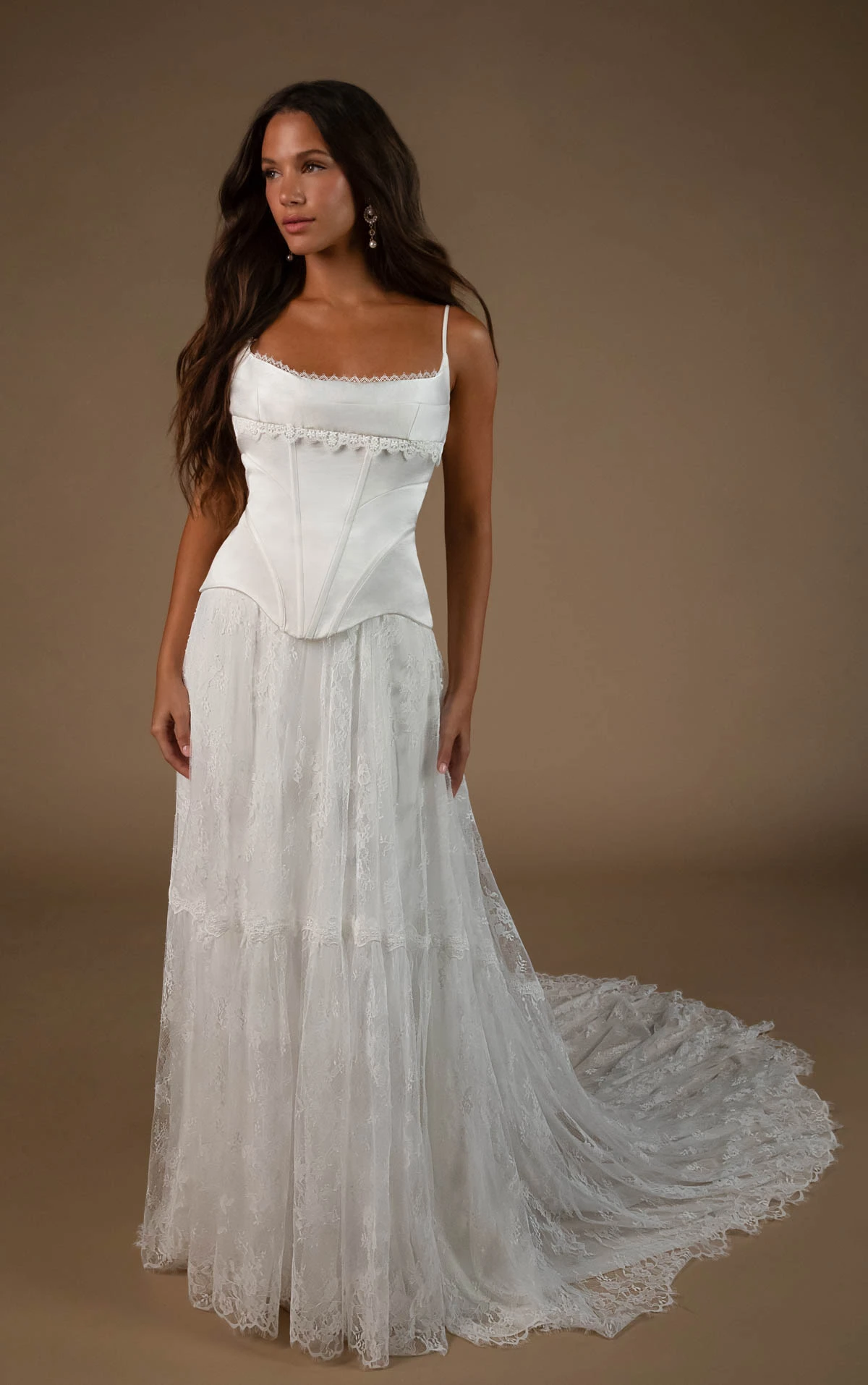 lilith A-Line Wedding Dress in Lace and Charmeuse with a Corset-Inspired Bodice  by All Who Wander