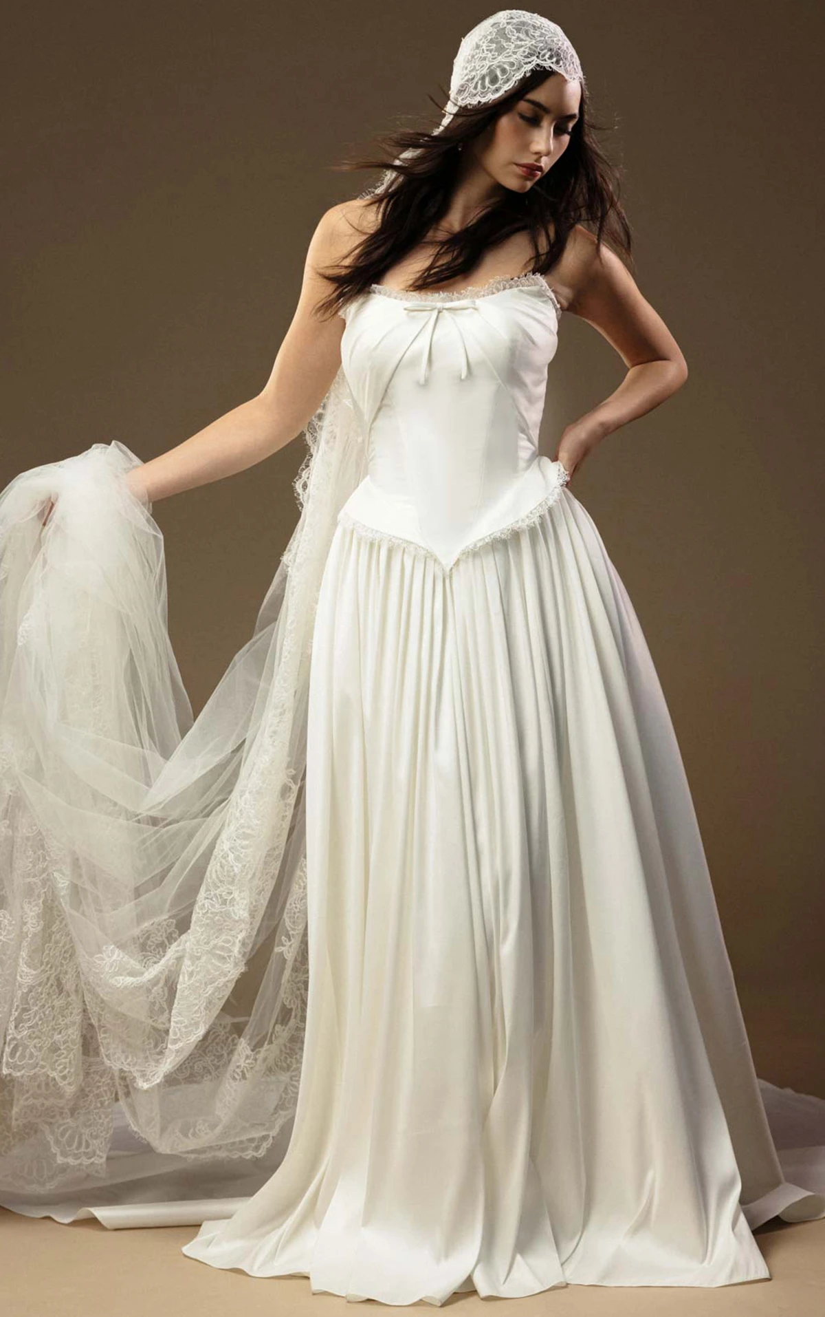 lynlee Strapless A-Line Wedding Dress in Smooth Taffeta with a Basque Waist  by All Who Wander